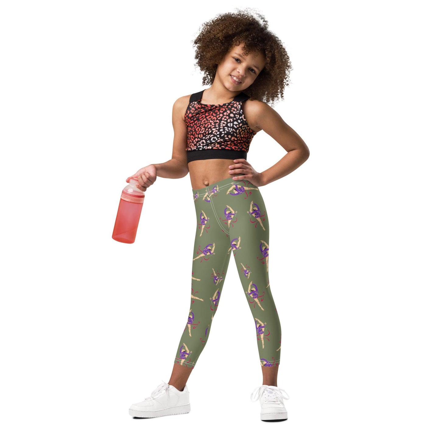 Legging pour petite fille – Kaki – Doux, extensible, toutes saisons – Motif Gymnaste Danseuse