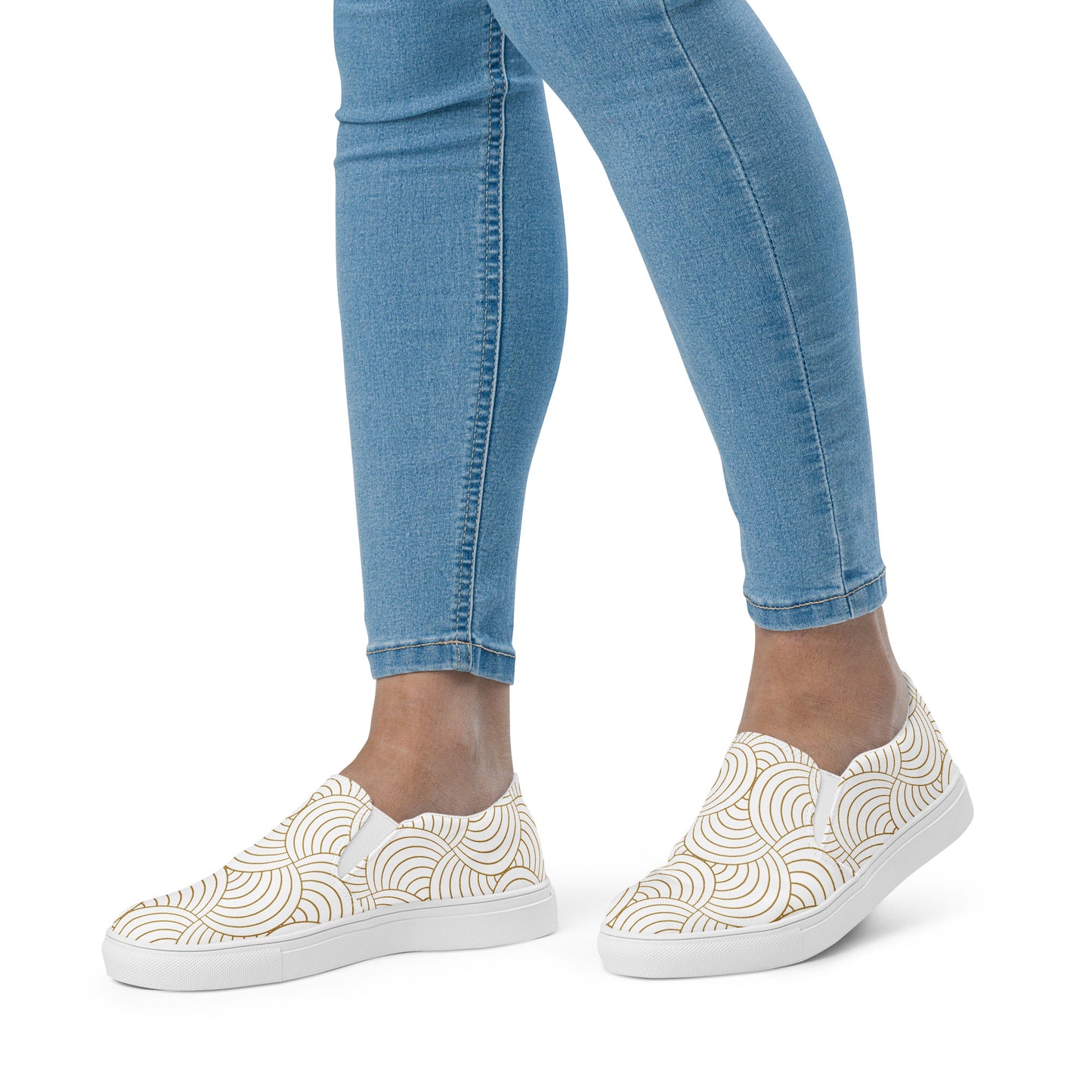 Tennis en toile pour femme - Blanc et Or – Sans lacets, légères et confortables – Graphique