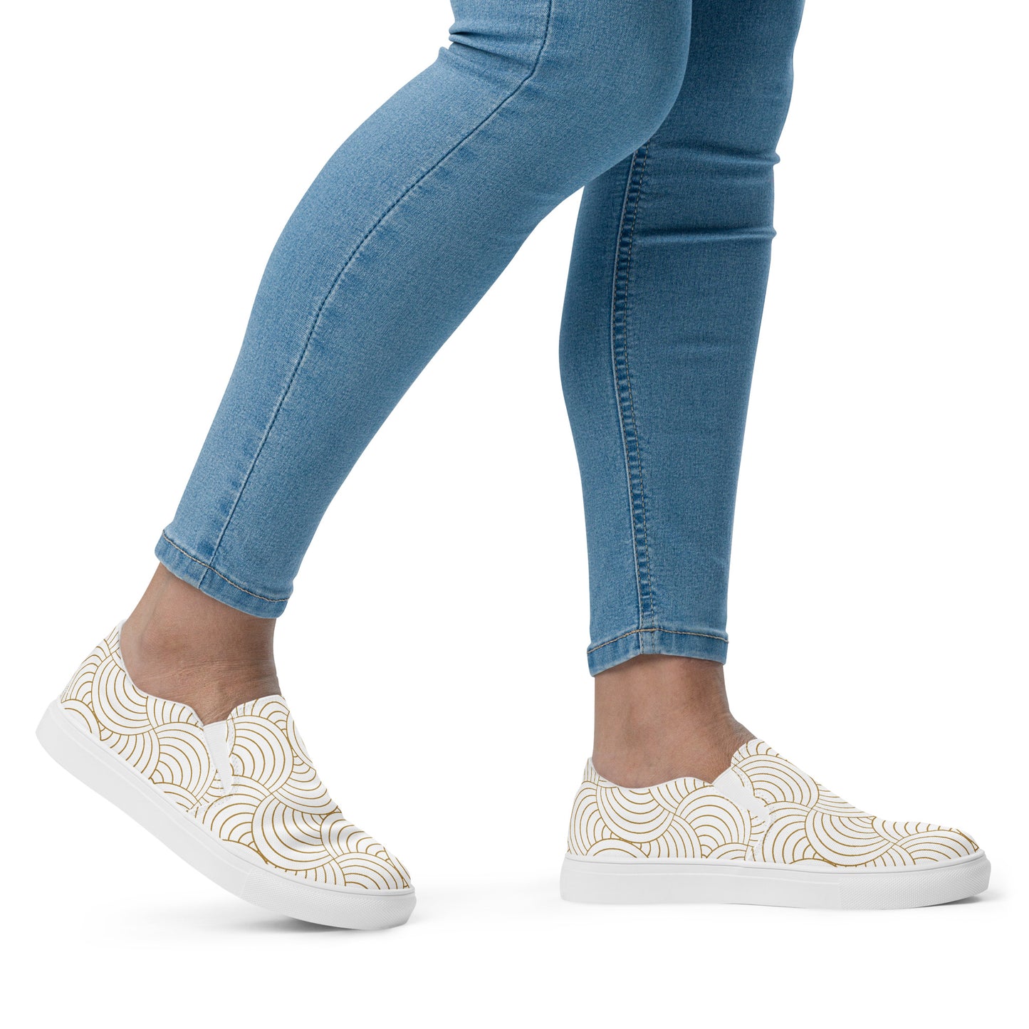 Tennis en toile pour femme - Blanc et Or – Sans lacets, légères et confortables – Graphique