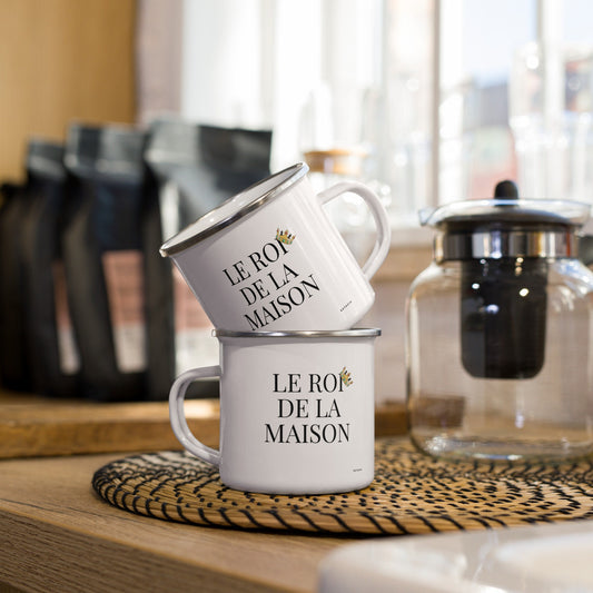 Mug émaillé Blanc Brillant avec anse "Le Roi de la Maison" - Tasse en émail personnalisable - fait main, légère, vintage - camping, cadeau