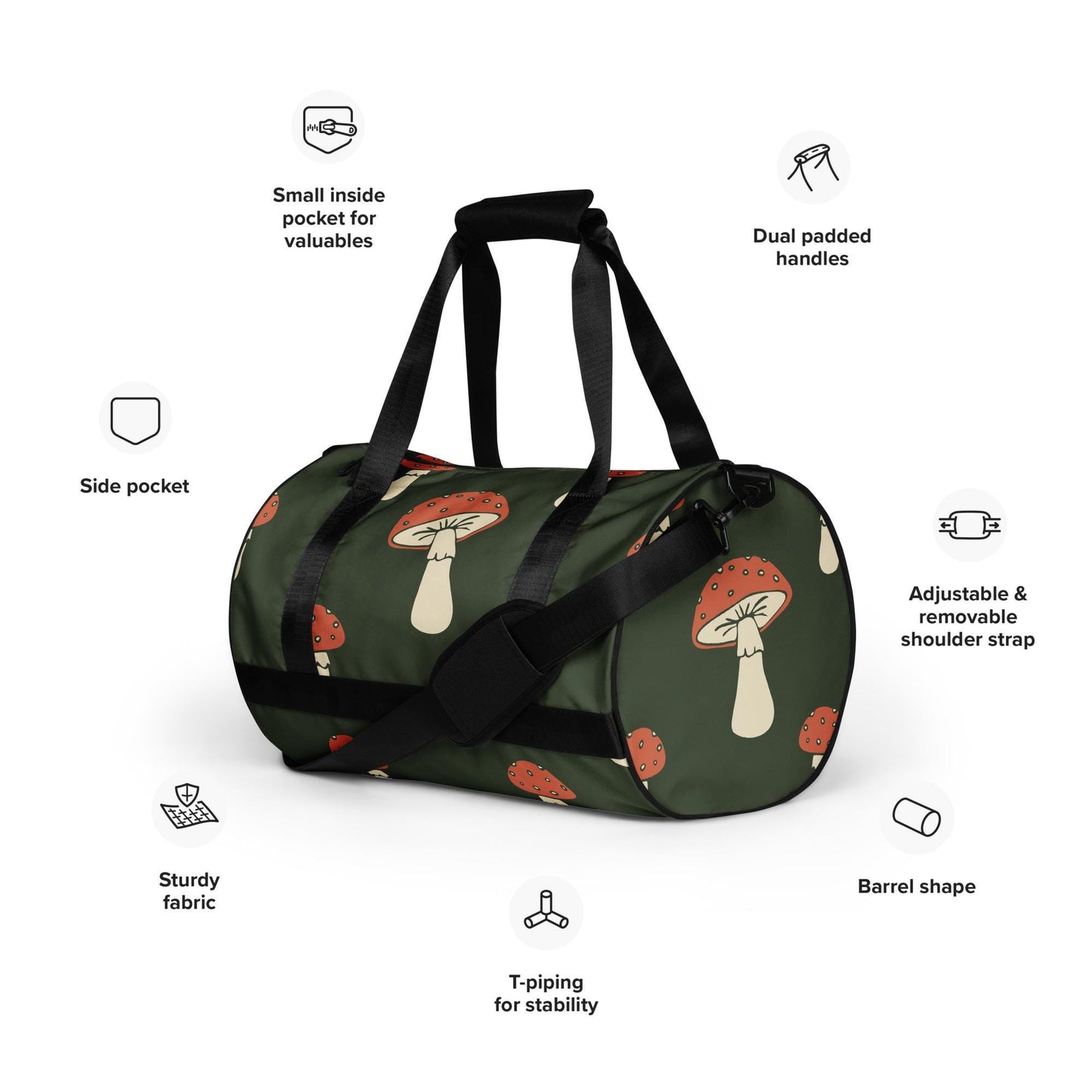 Sac de sport - Sac de Voyage – Léger, Résistant et Spacieux, Idéal pour Gym, Weekends ou Voyages - cadeau - Design Minimaliste Champignons