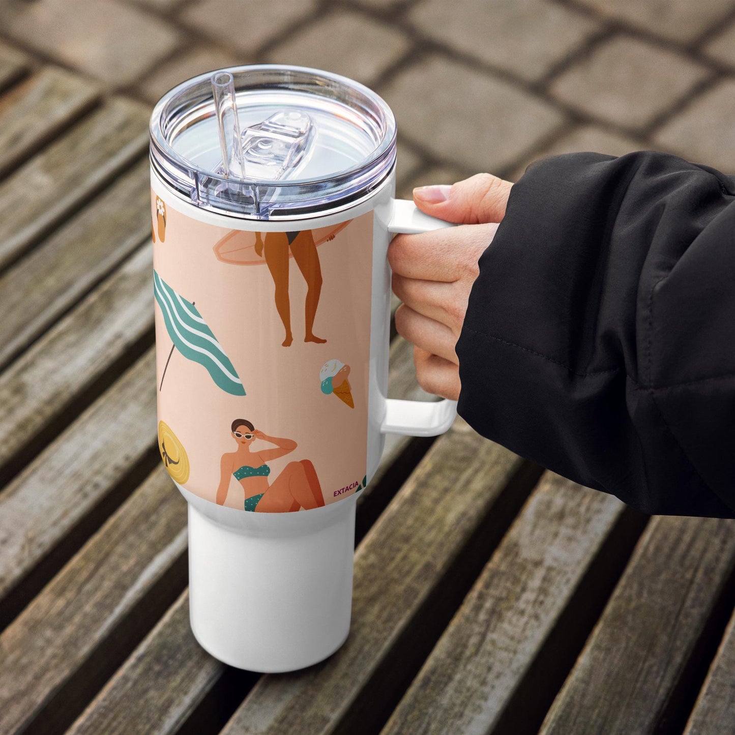 Mug Isotherme Inox - Mug de Voyage Isotherme Acier Inoxydable avec Anse – Design des Silhouettes des Femmes Plage - THERMOS, gobelet Étanche