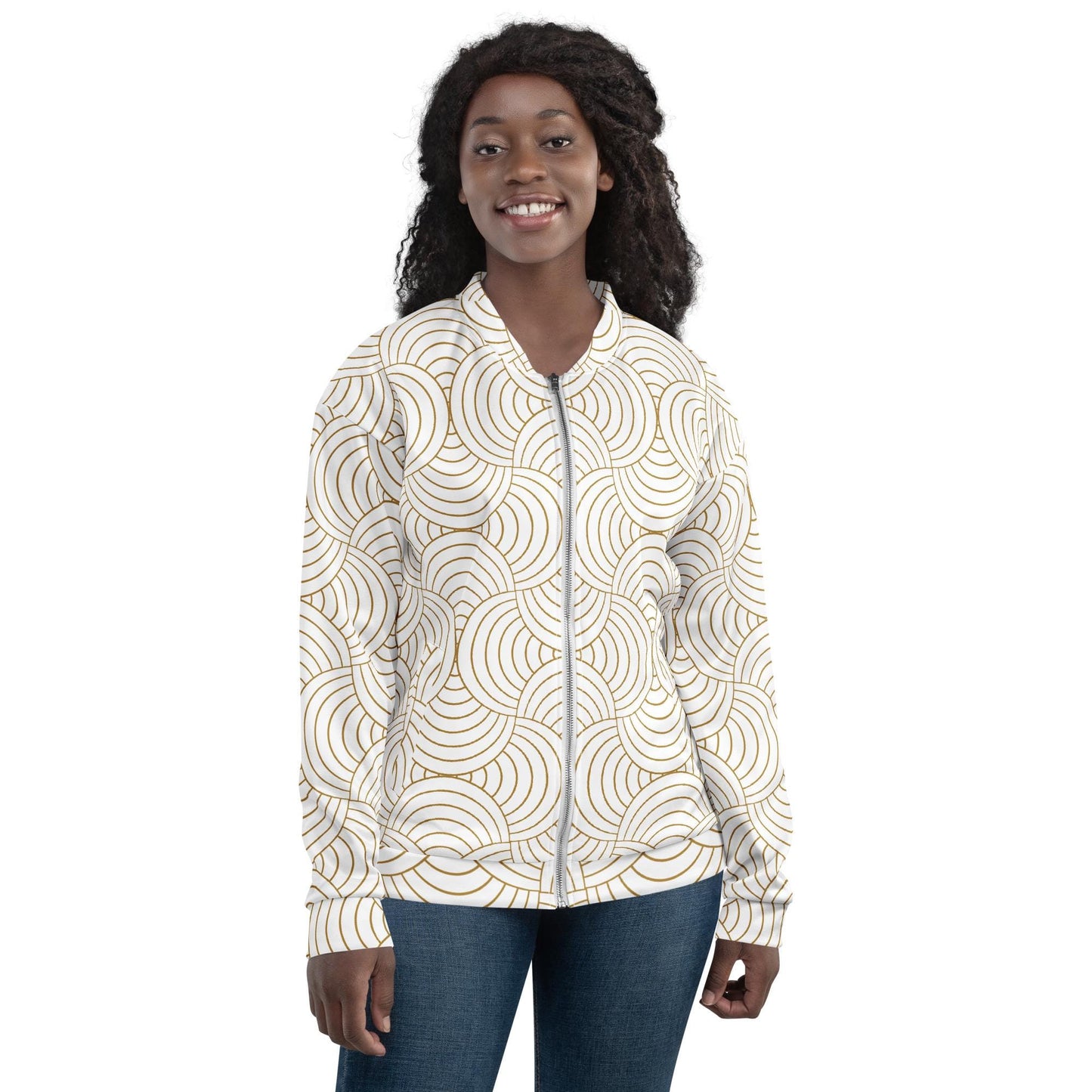 Veste bombardier pour femme - Blanc et Or – Zippée, légère et confortable – Graphique Minimaliste