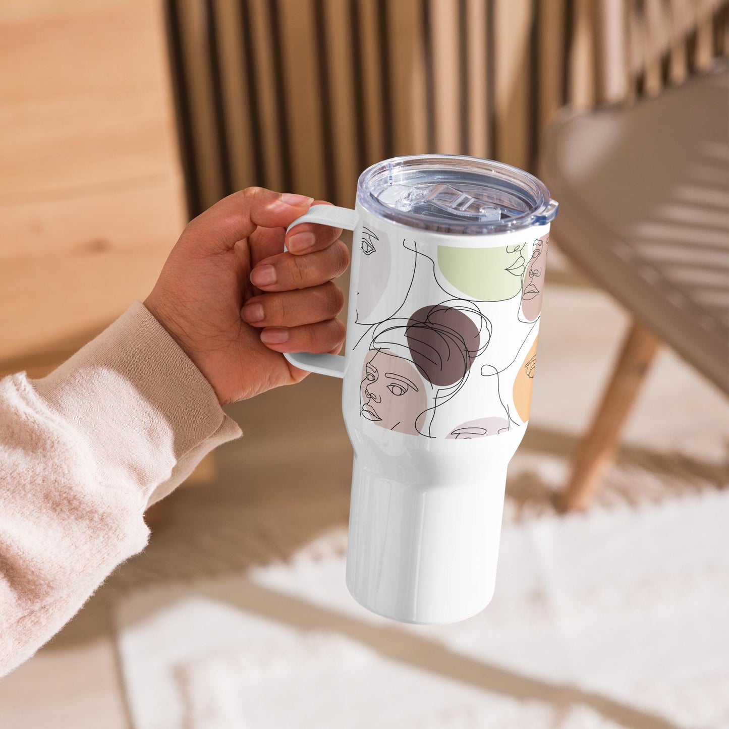 Mug Isotherme Inox - Mug de Voyage Isotherme en Acier Inoxydable avec Anse Design Artistique Féminin Calligraphie - THERMOS gobelet Étanche