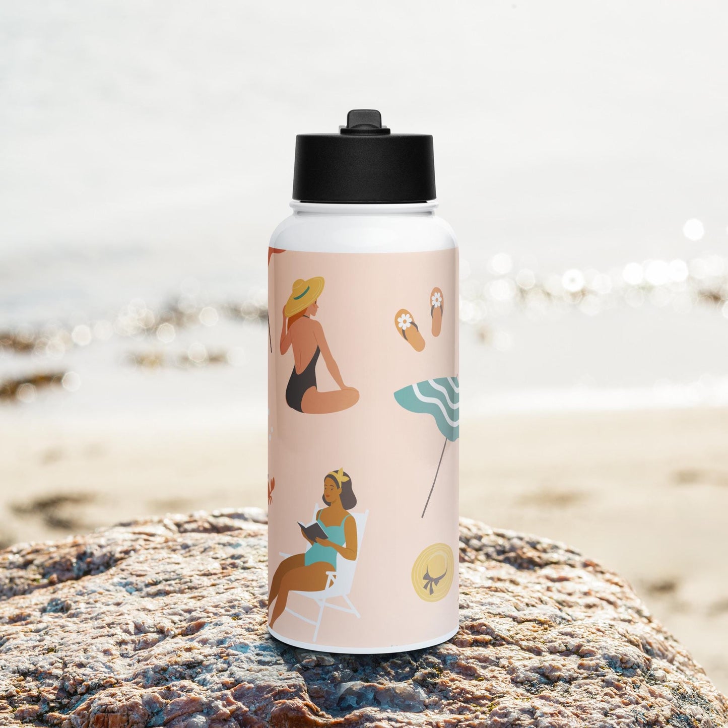 Bouteille Isotherme en Acier Inoxydable avec Paille - gourde écologique, couvercle en plastique sans BPA 32 oz 950 ml - Design Femmes, Plage