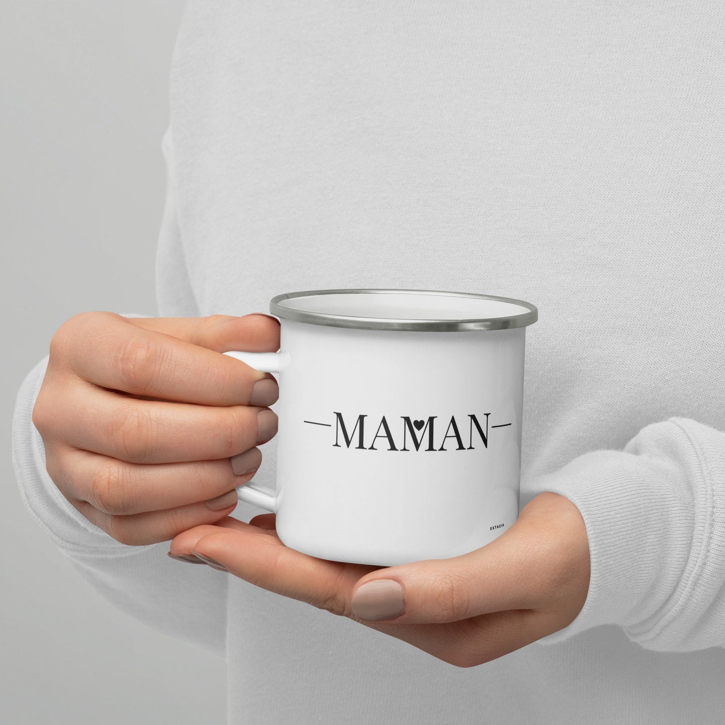 Mug émaillé Blanc Brillant avec anse "Maman" - Tasse en émail personnalisable - fait main, légère, vintage - cadeau fêtes des mères