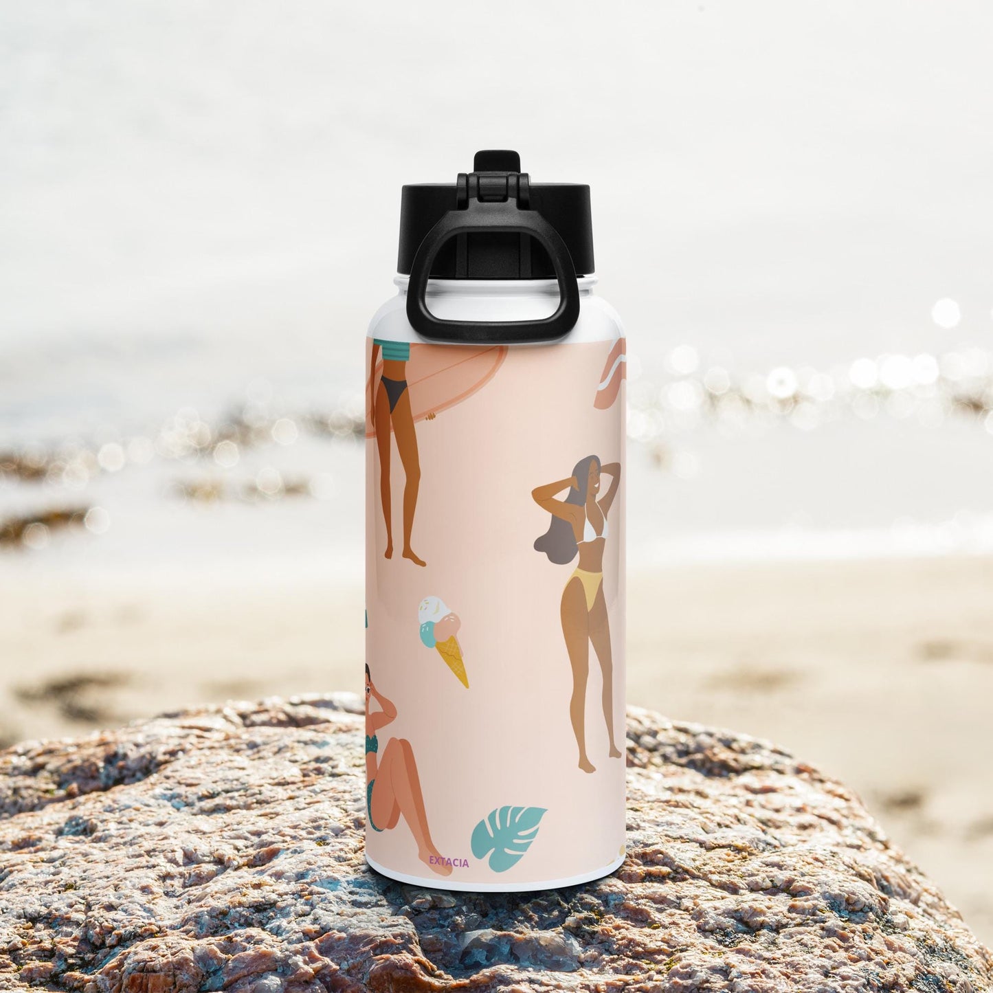 Bouteille Isotherme en Acier Inoxydable avec Paille - gourde écologique, couvercle en plastique sans BPA 32 oz 950 ml - Design Femmes, Plage