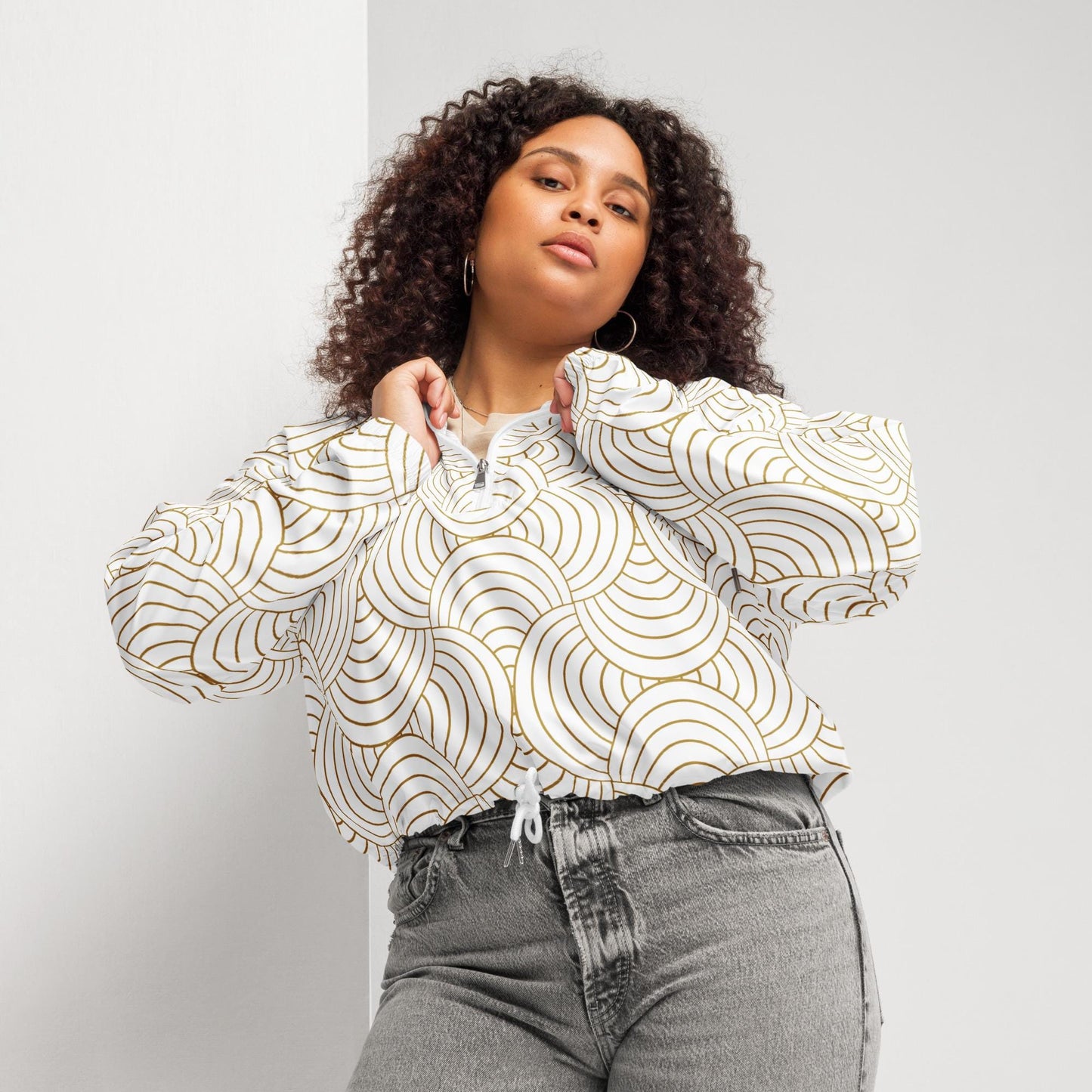 Veste coupe-vent pour femme courte - Blanc et Or – Crop top imperméable et respirant – Graphique