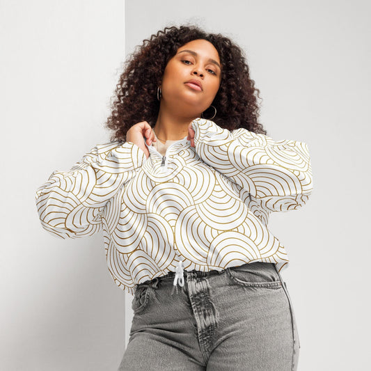 Veste coupe-vent pour femme courte - Blanc et Or – Crop top imperméable et respirant – Graphique
