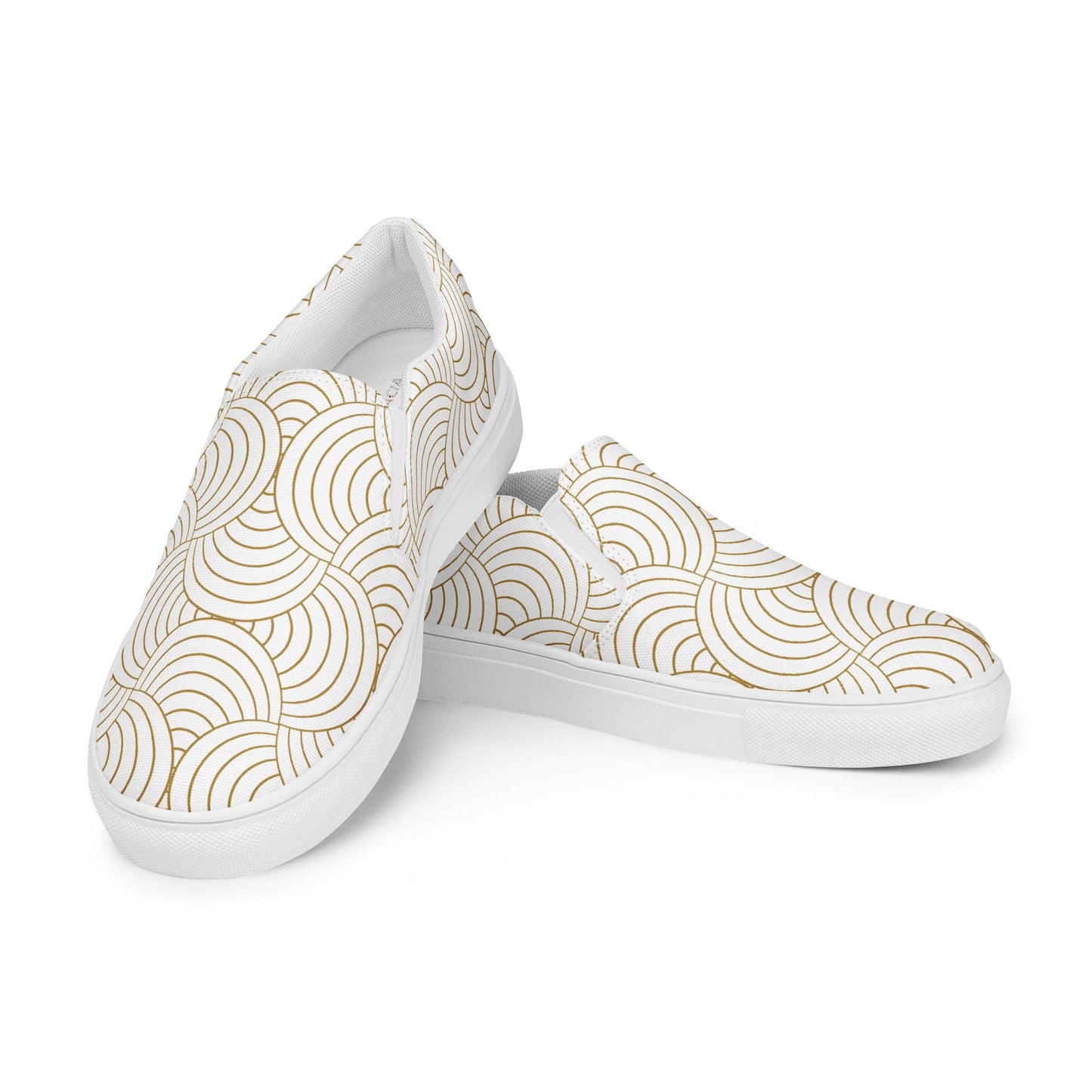 Tennis en toile pour femme - Blanc et Or – Sans lacets, légères et confortables – Graphique