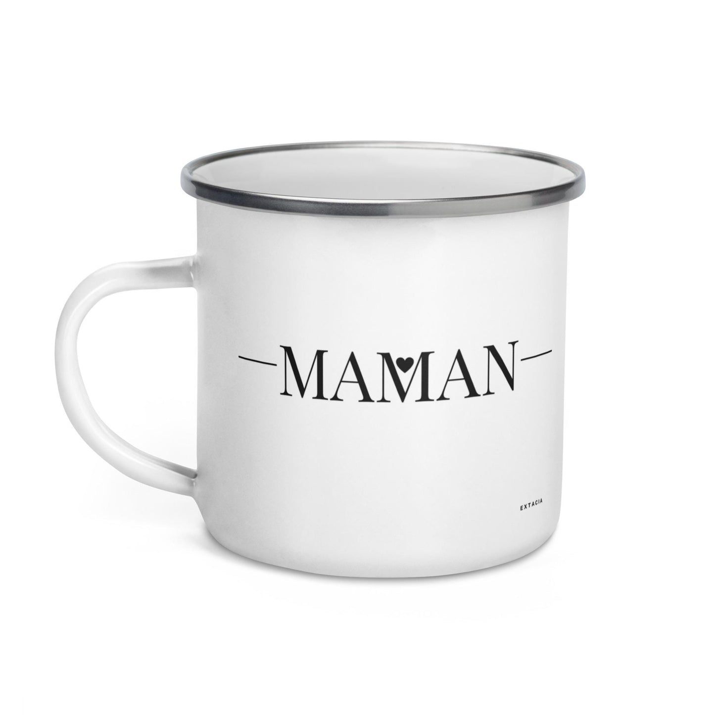 Mug émaillé Blanc Brillant avec anse "Maman" - Tasse en émail personnalisable - fait main, légère, vintage - cadeau fêtes des mères