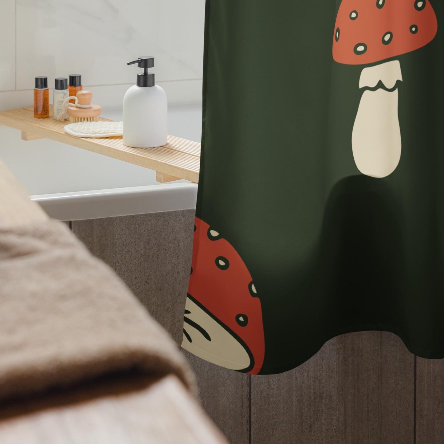 Rideau de Douche Personnalisable – Résistant, Waterproof, Anti-Moisissure - Salle de Bain Moderne, Cadeau - Design Minimaliste Champignons