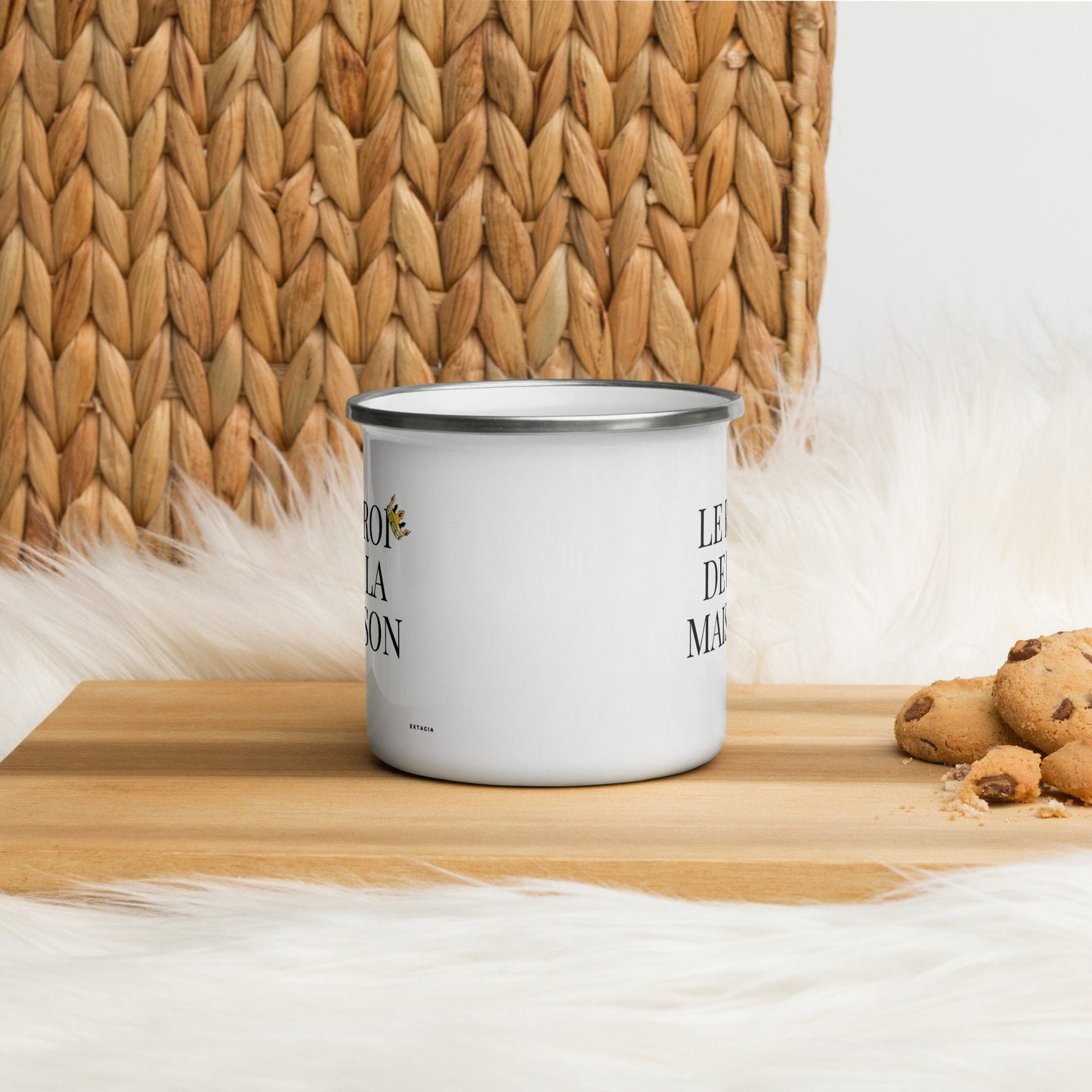 Mug émaillé Blanc Brillant avec anse "Le Roi de la Maison" - Tasse en émail personnalisable - fait main, légère, vintage - camping, cadeau