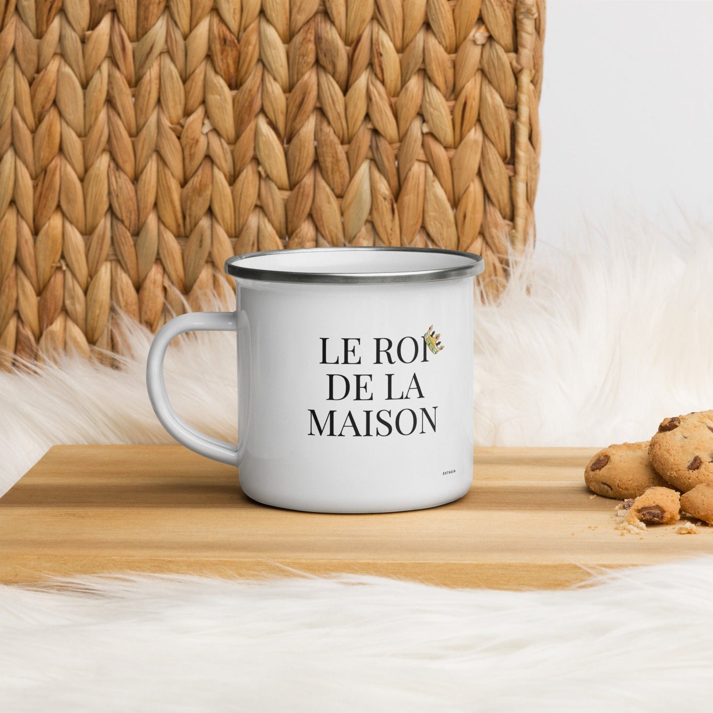 Mug émaillé Blanc Brillant avec anse "Le Roi de la Maison" - Tasse en émail personnalisable - fait main, légère, vintage - camping, cadeau
