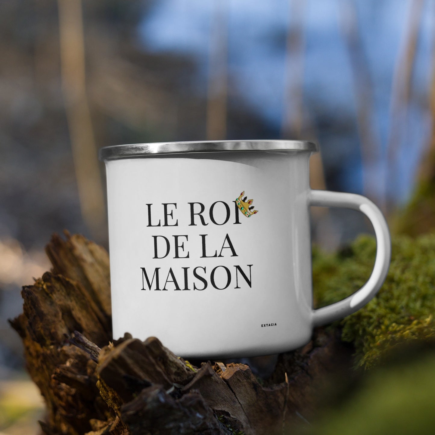 Mug émaillé Blanc Brillant avec anse "Le Roi de la Maison" - Tasse en émail personnalisable - fait main, légère, vintage - camping, cadeau