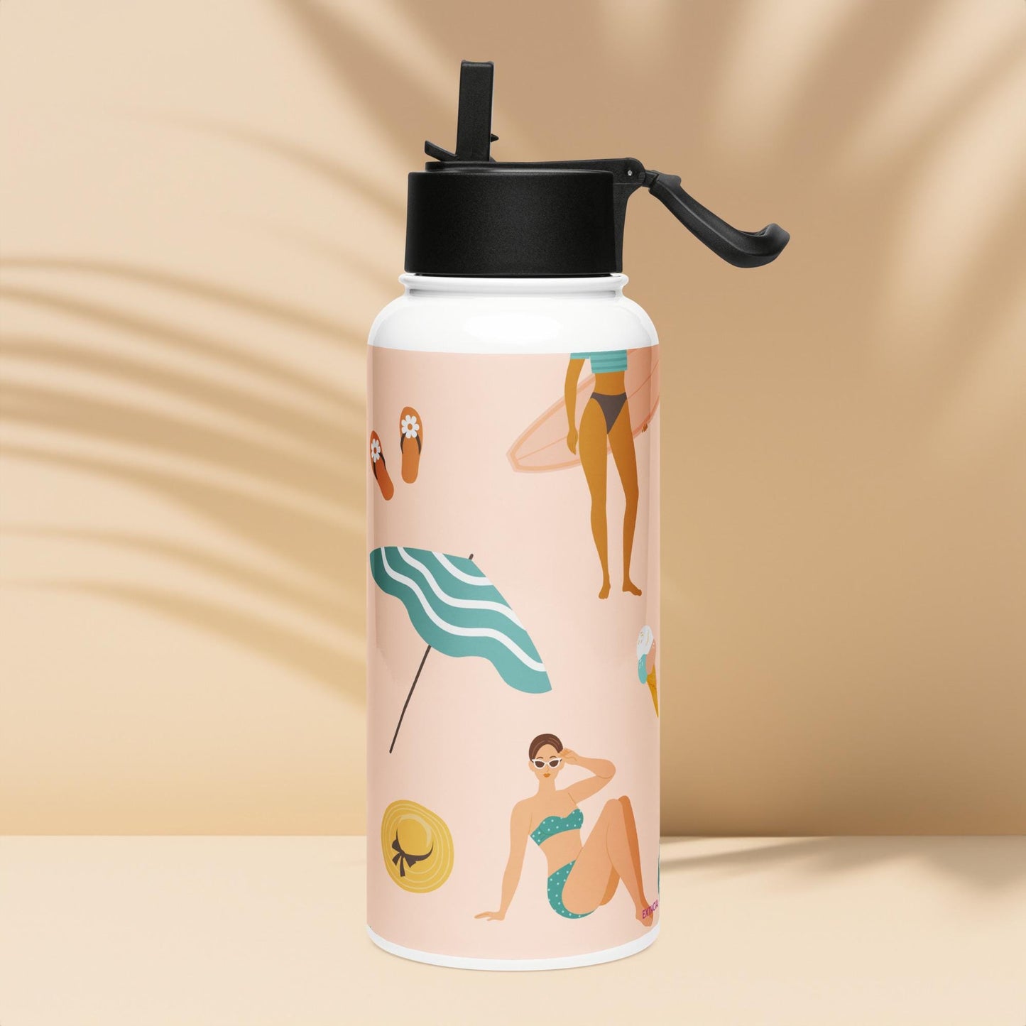 Bouteille Isotherme en Acier Inoxydable avec Paille - gourde écologique, couvercle en plastique sans BPA 32 oz 950 ml - Design Femmes, Plage