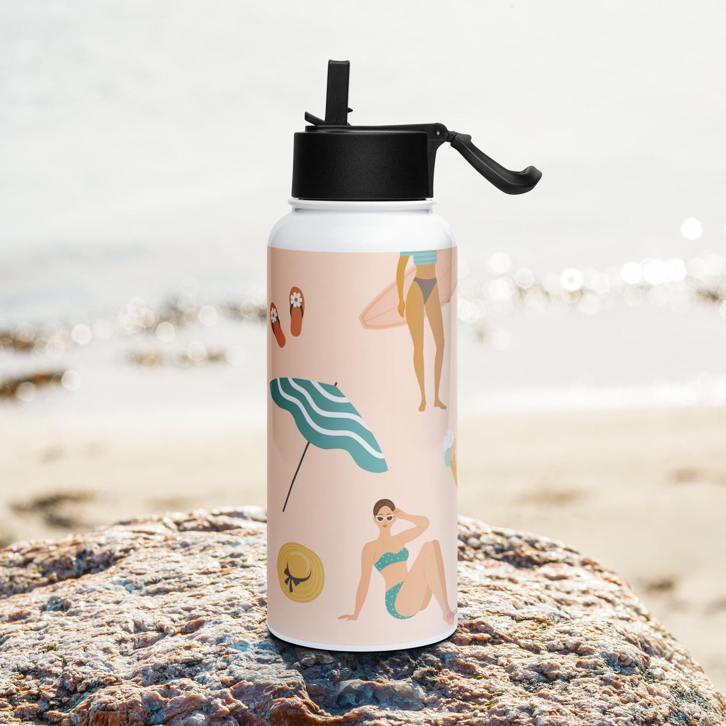 Bouteille Isotherme en Acier Inoxydable avec Paille - gourde écologique, couvercle en plastique sans BPA 32 oz 950 ml - Design Femmes, Plage