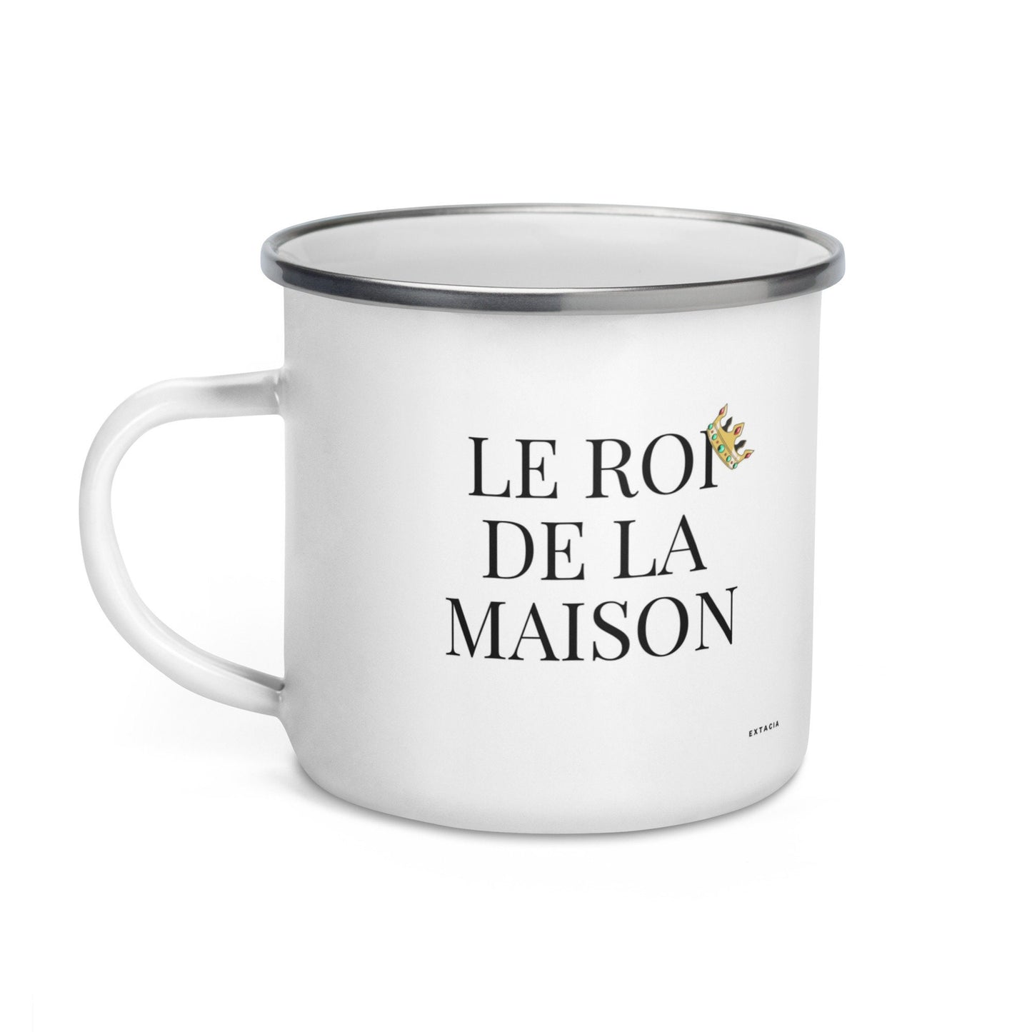 Mug émaillé Blanc Brillant avec anse "Le Roi de la Maison" - Tasse en émail personnalisable - fait main, légère, vintage - camping, cadeau