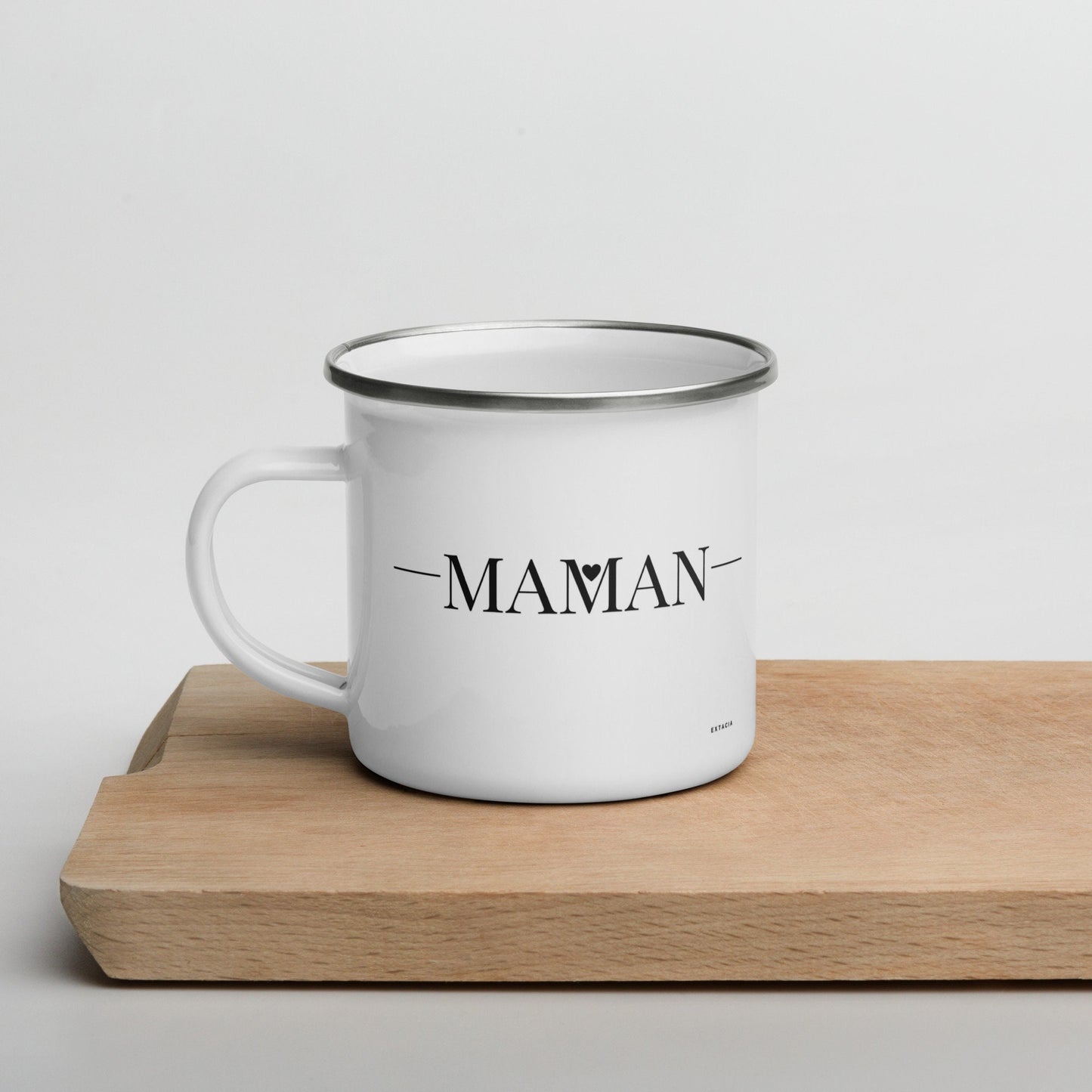 Mug émaillé Blanc Brillant avec anse "Maman" - Tasse en émail personnalisable - fait main, légère, vintage - cadeau fêtes des mères