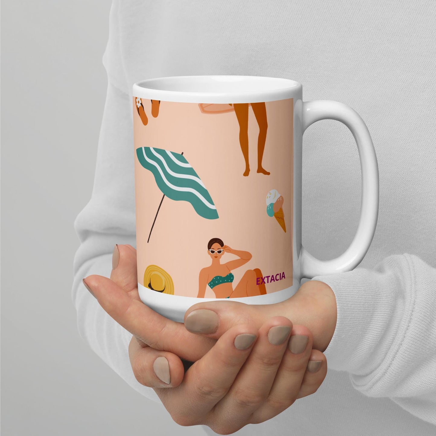 Mug en Céramique – 11, 15 et 20 oz - Tasse Design, Élégante - Design des Silhouettes Feminines, Femmes, Plage, été - Cadeau Personnalisable