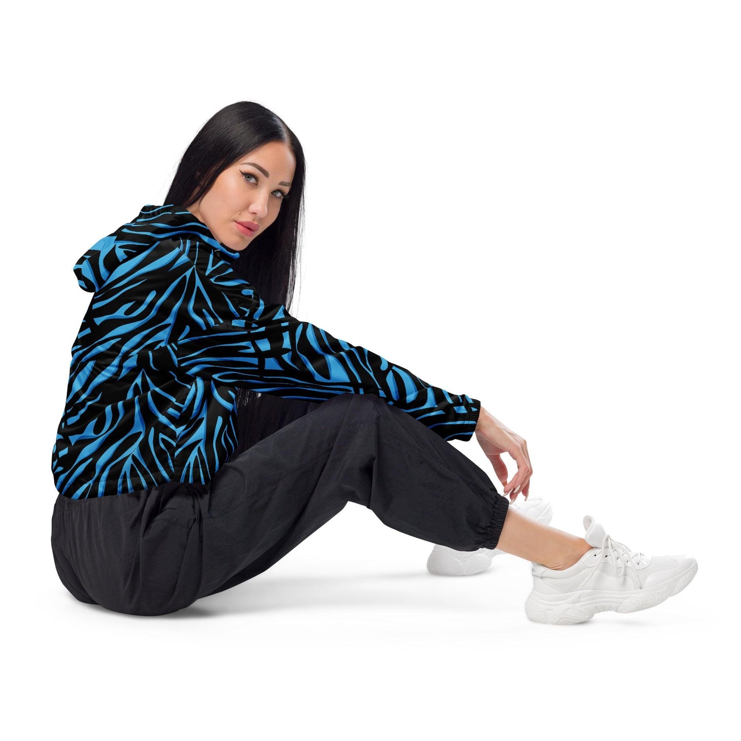 Veste coupe-vent pour femme courte - Bleu et Noir – Crop top imperméable, respirant, Imprimé Animal
