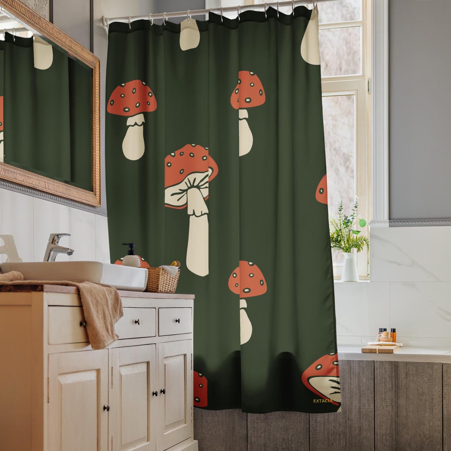 Rideau de Douche Personnalisable – Résistant, Waterproof, Anti-Moisissure - Salle de Bain Moderne, Cadeau - Design Minimaliste Champignons