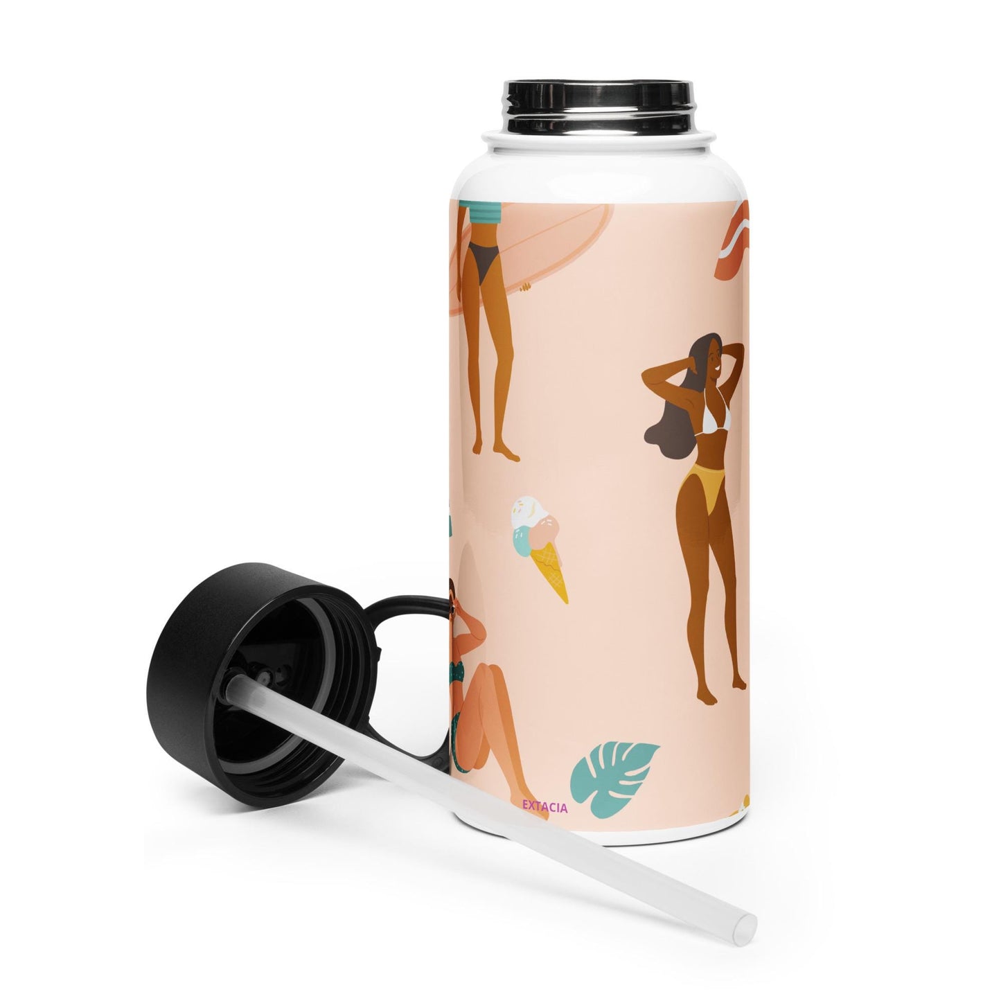Bouteille Isotherme en Acier Inoxydable avec Paille - gourde écologique, couvercle en plastique sans BPA 32 oz 950 ml - Design Femmes, Plage