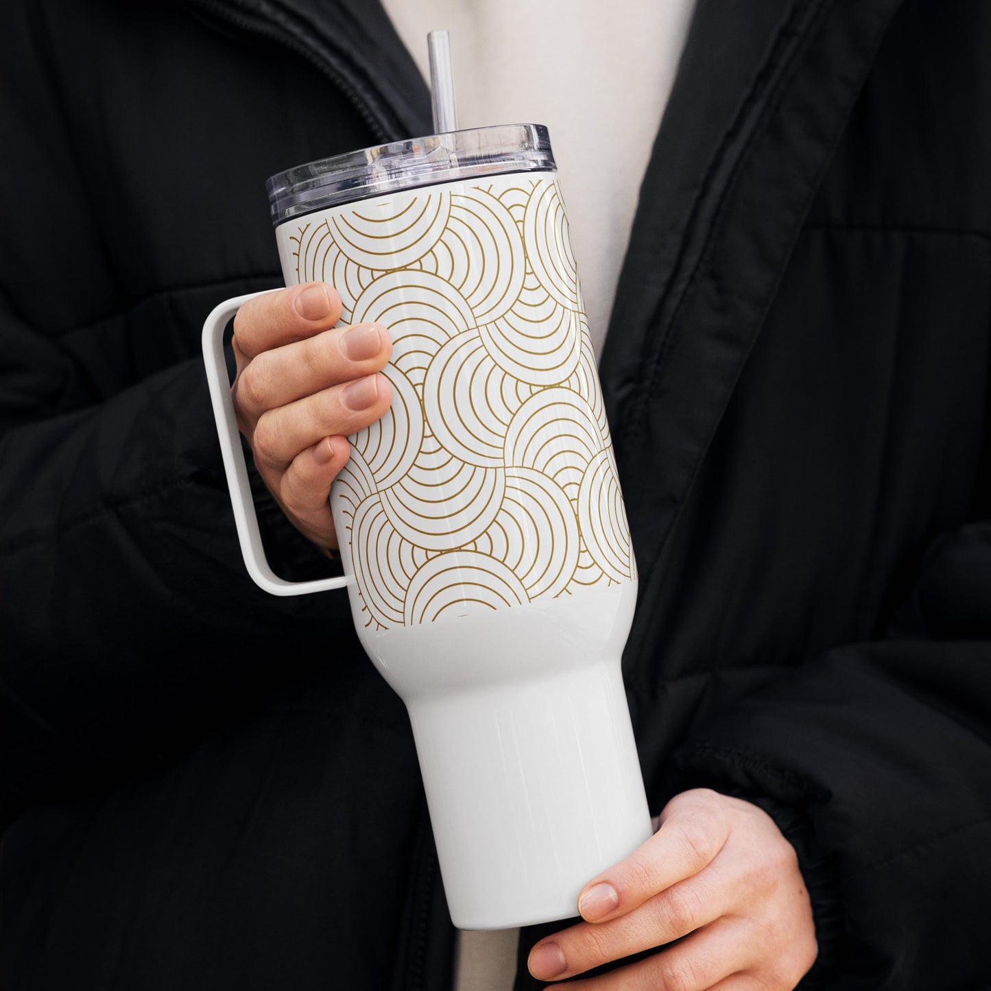 Mug Isotherme Inox - Mug de Voyage Isotherme en Acier Inoxydable avec Anse – Design Graphique - THERMOS, gobelet - Durable, Léger, Étanche