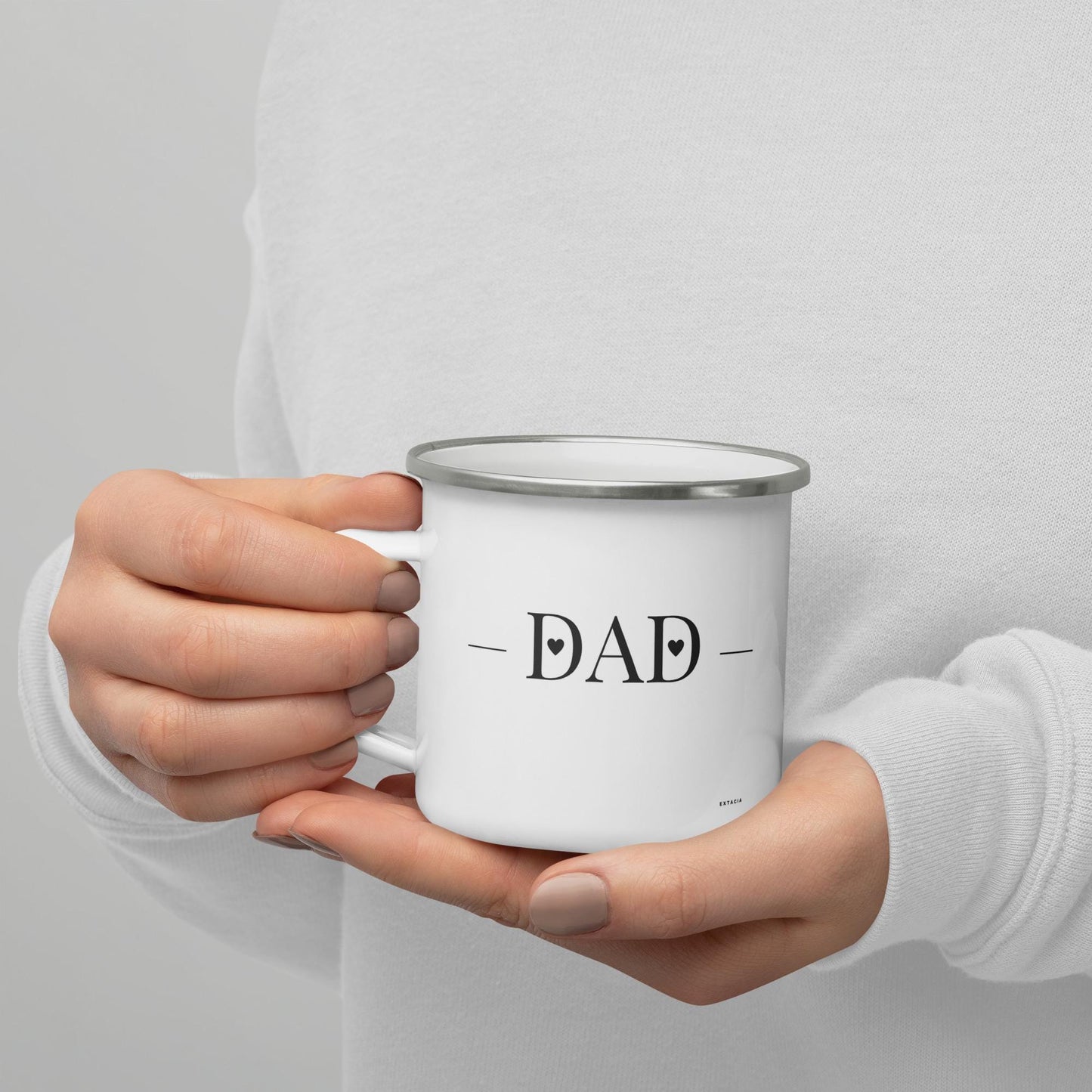 Mug émaillé Blanc Brillant avec anse - Tasse en émail personnalisable - fait main, légère, vintage - camping, cadeau anniversaire Dad, Papa