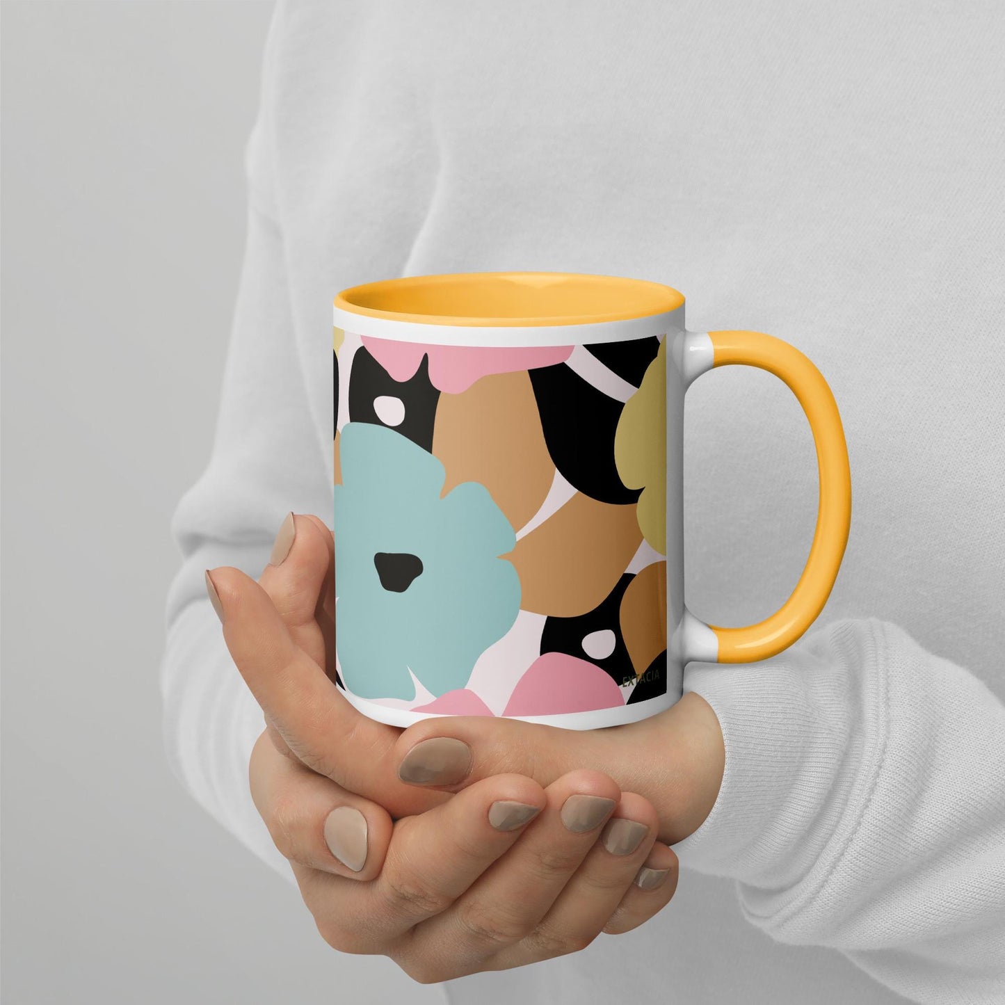 Mug à Intérieur Coloré – Tasse en Céramique Élégante - Design Florale - Café, Thé, Chocolat - cuisine, cadeau, anniversaire, bureau