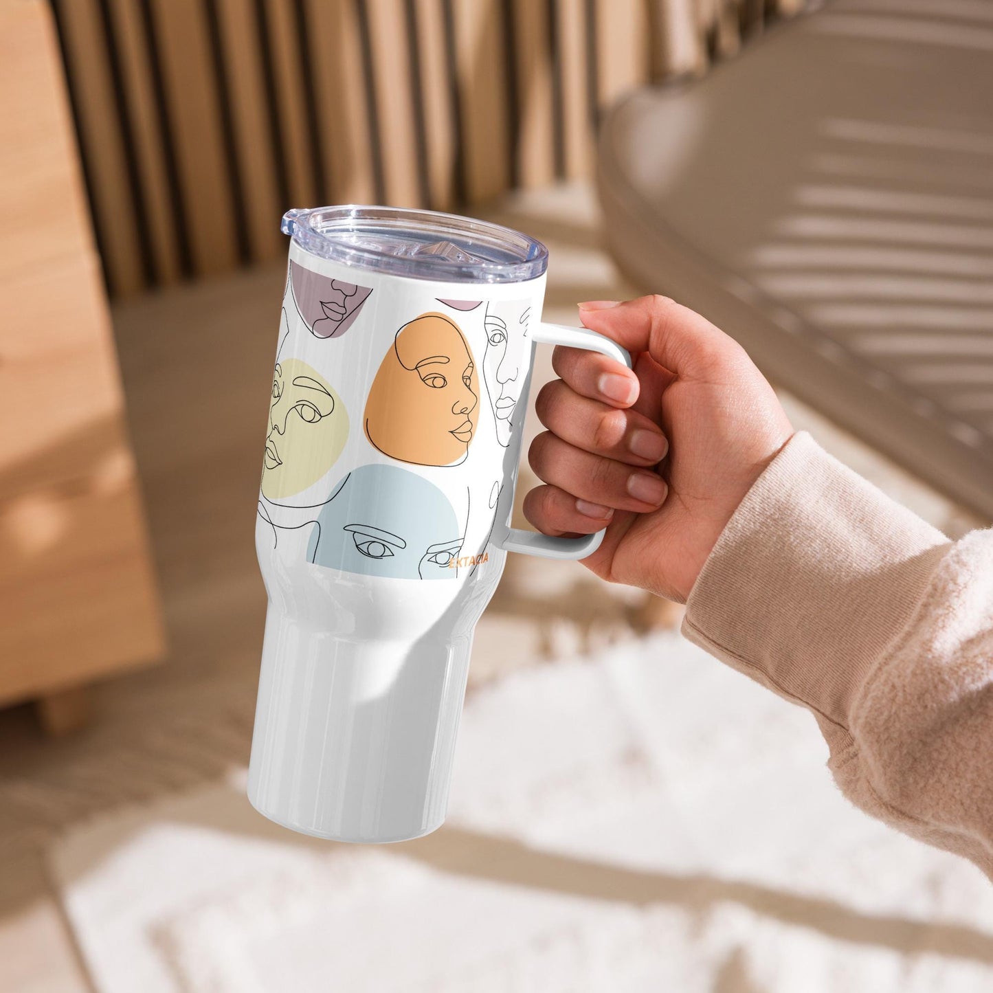 Mug Isotherme Inox - Mug de Voyage Isotherme en Acier Inoxydable avec Anse Design Artistique Féminin Calligraphie - THERMOS gobelet Étanche