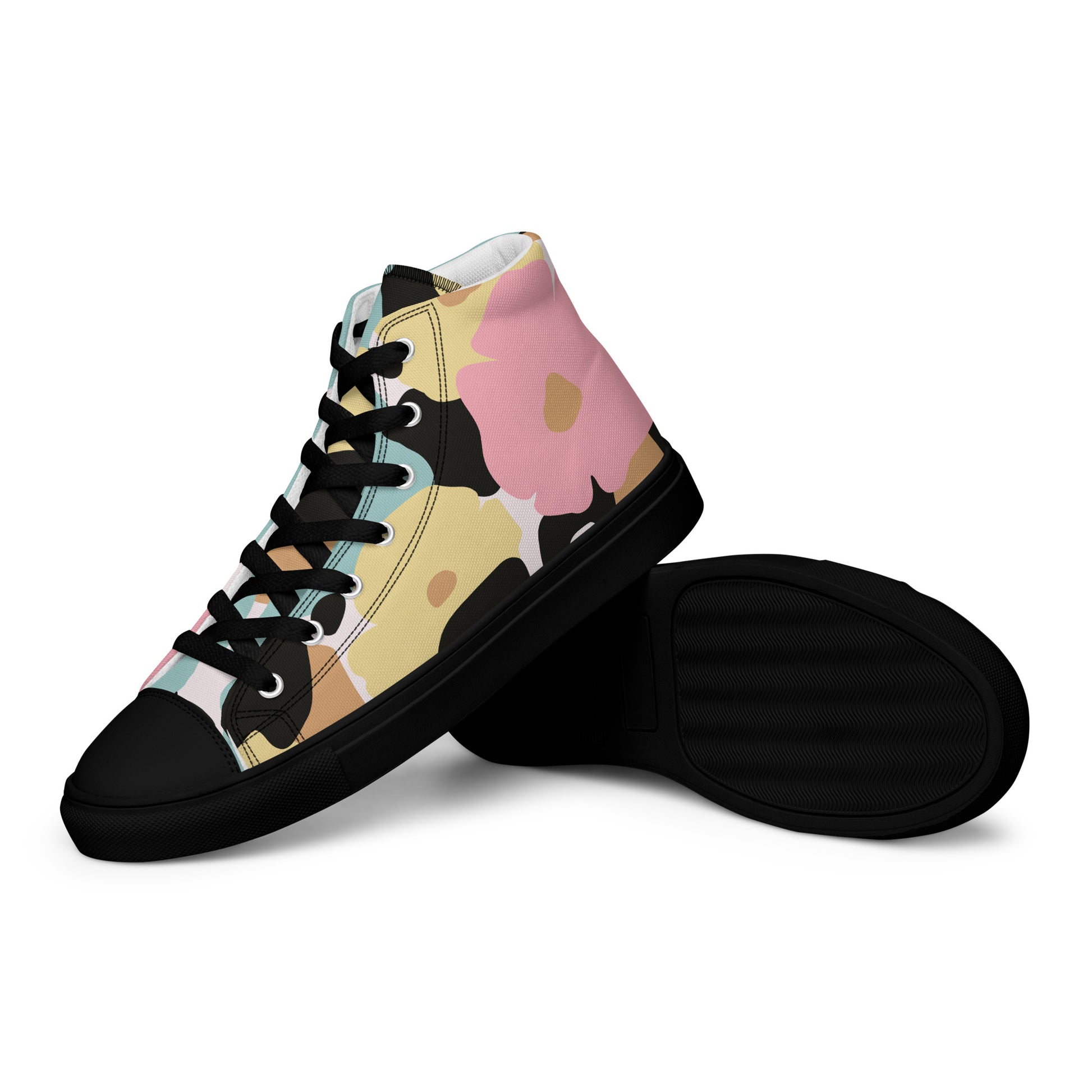Baskets hautes femme - fleuri, pastel – détail semelle extérieure adhérente - semelle noire