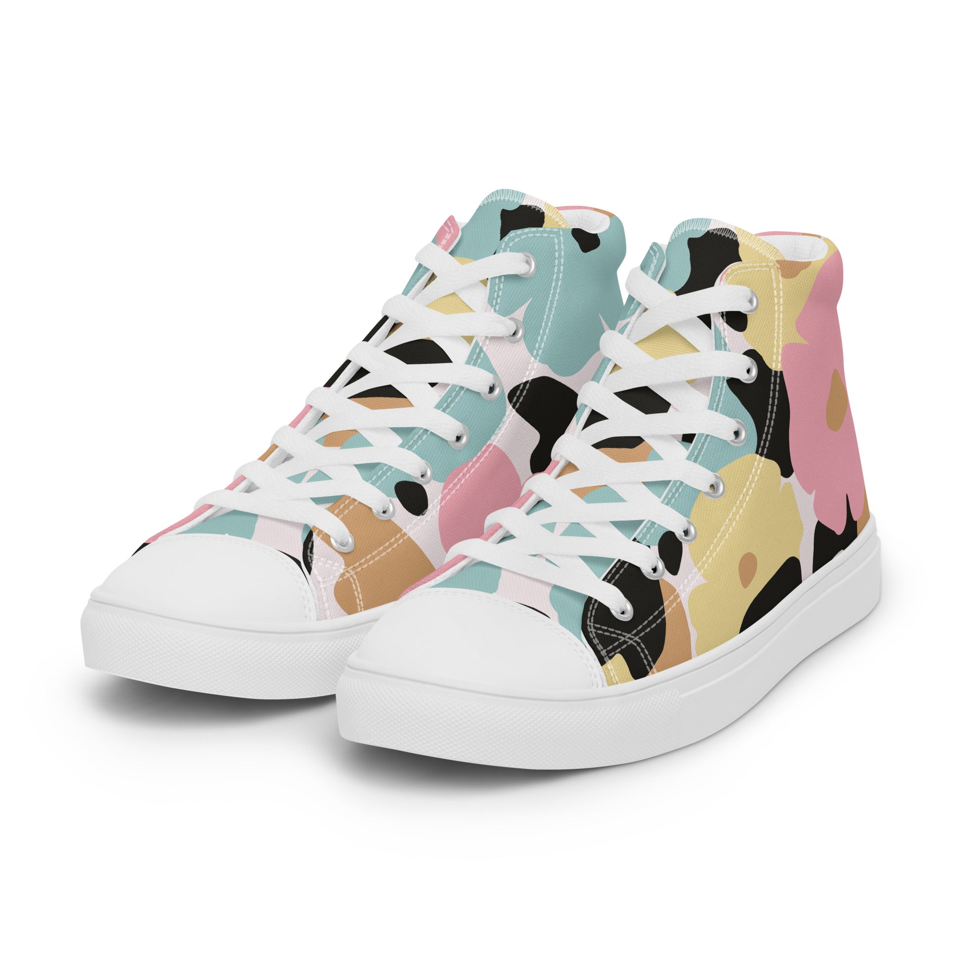 Baskets hautes femme - fleuri, pastel – vue 3/4, silhouette complète - semelle blanche