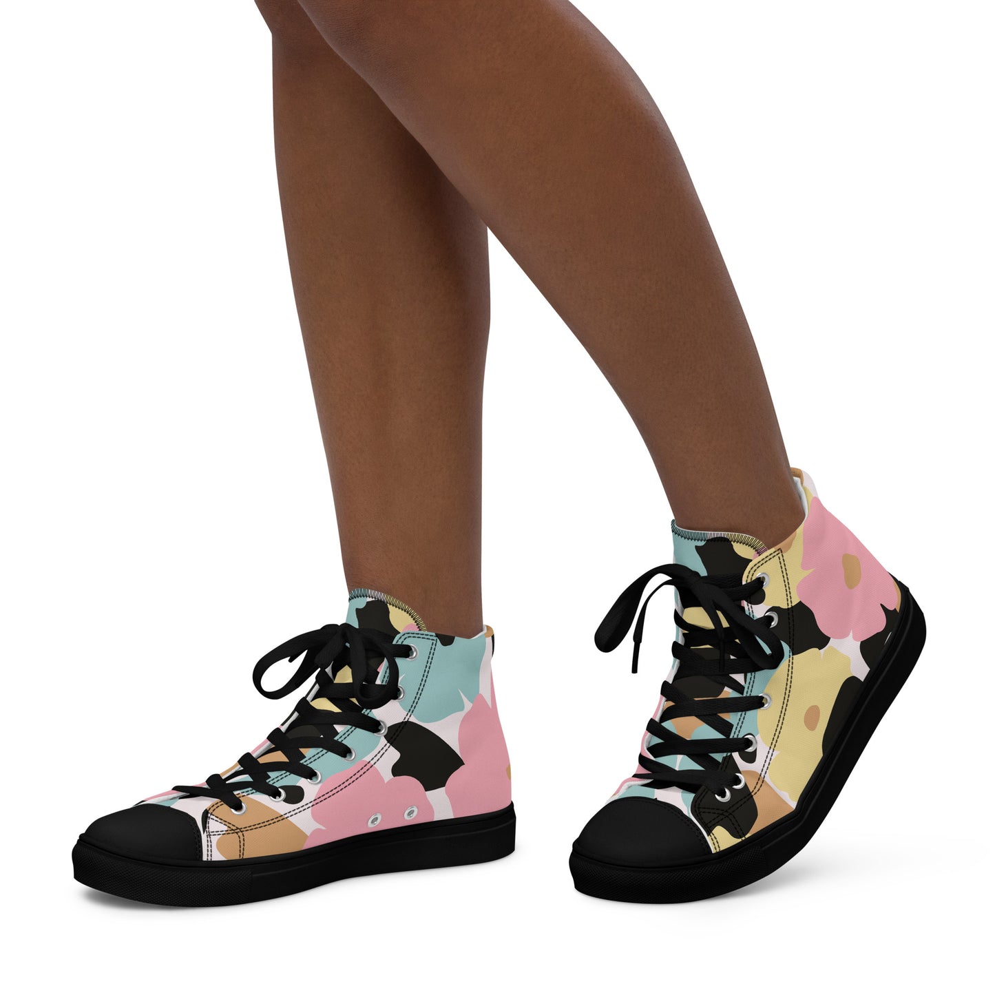 Baskets hautes femme -fleuri, pastel - en toile – vue latérale, maintien de cheville - semelle noire