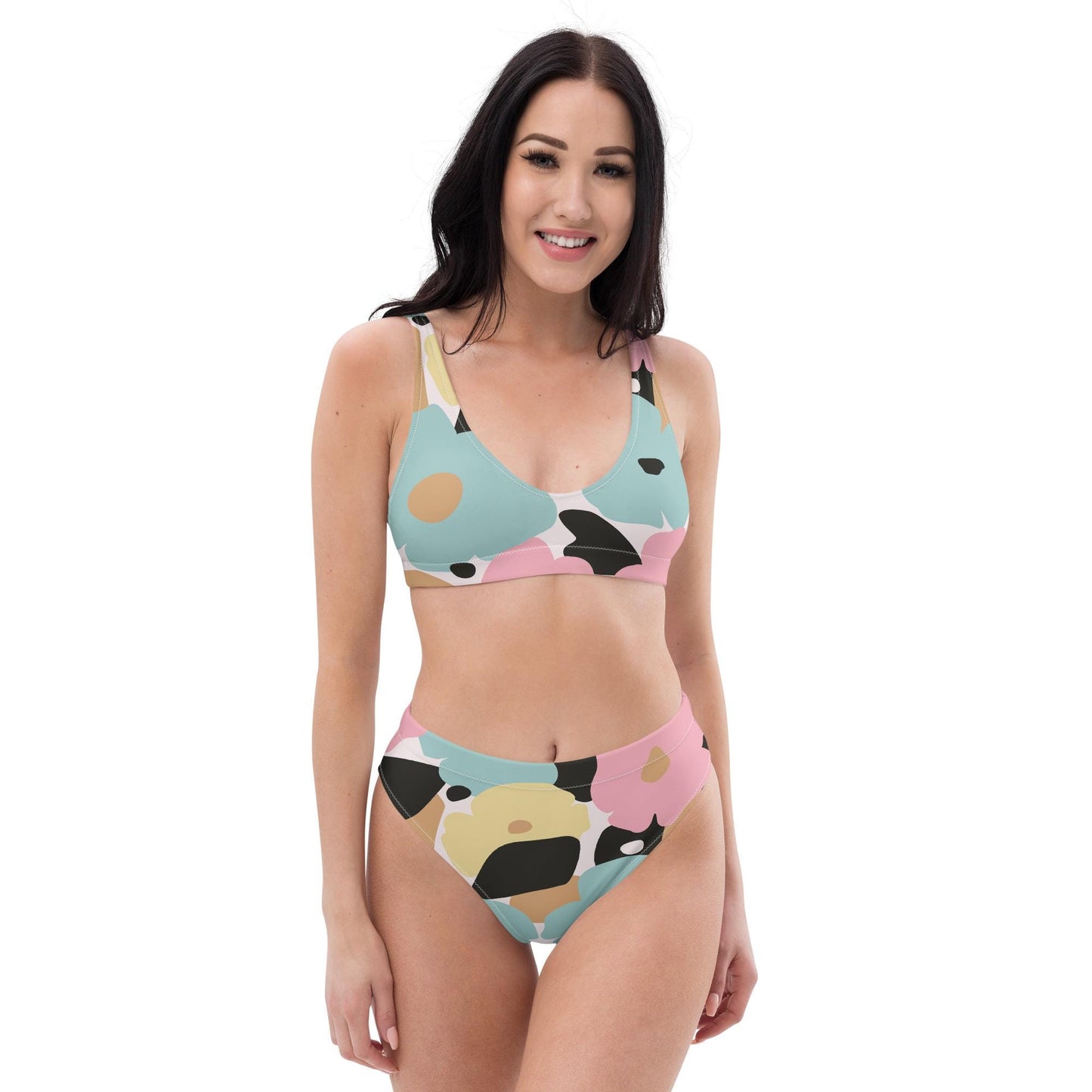 Bikini femme- fleuri, pastel - deux pièces – vue de face, bas taille haute