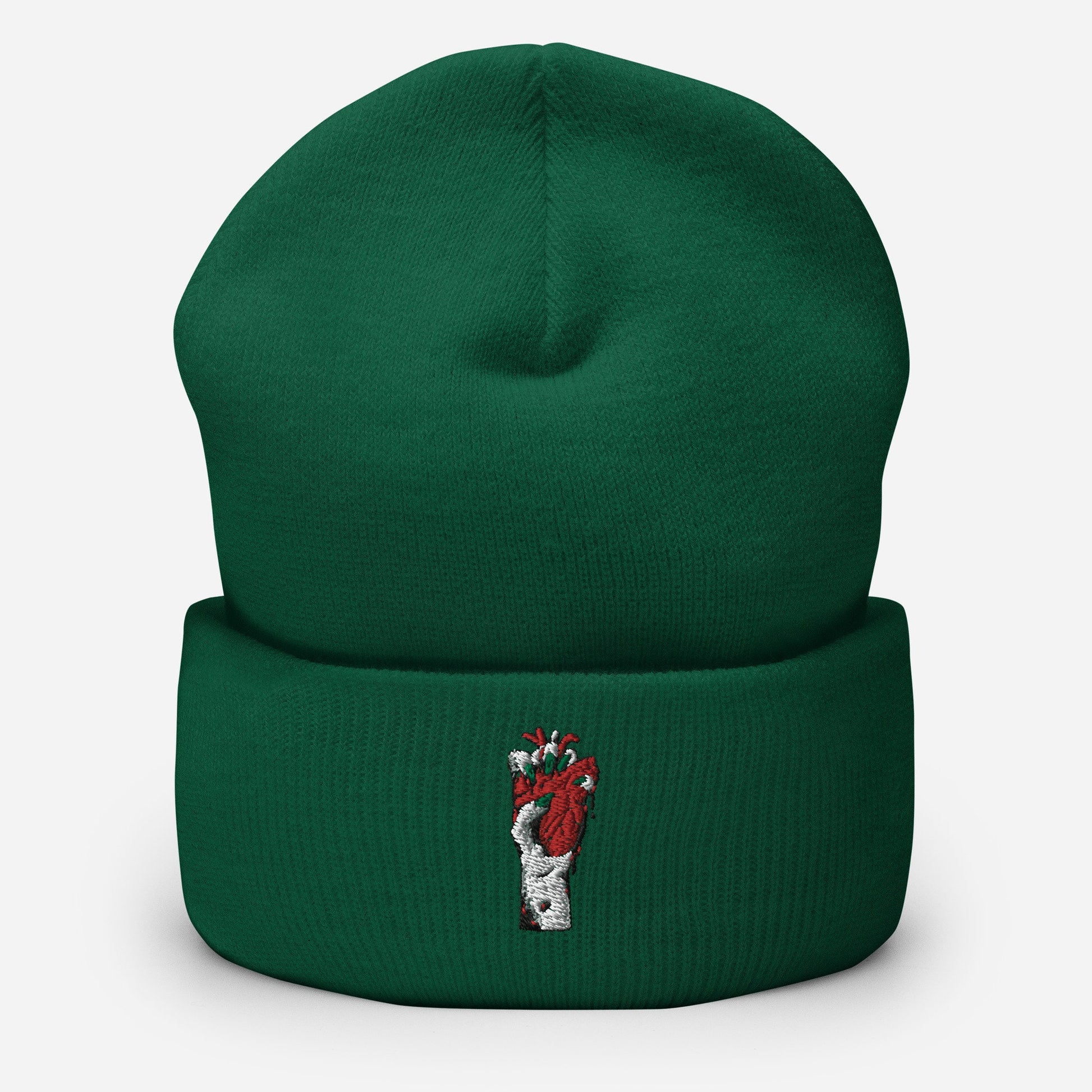 Bonnet unisexe à revers – vue de face, maille douce et chaude - vert sapin - Coeur déjà pris