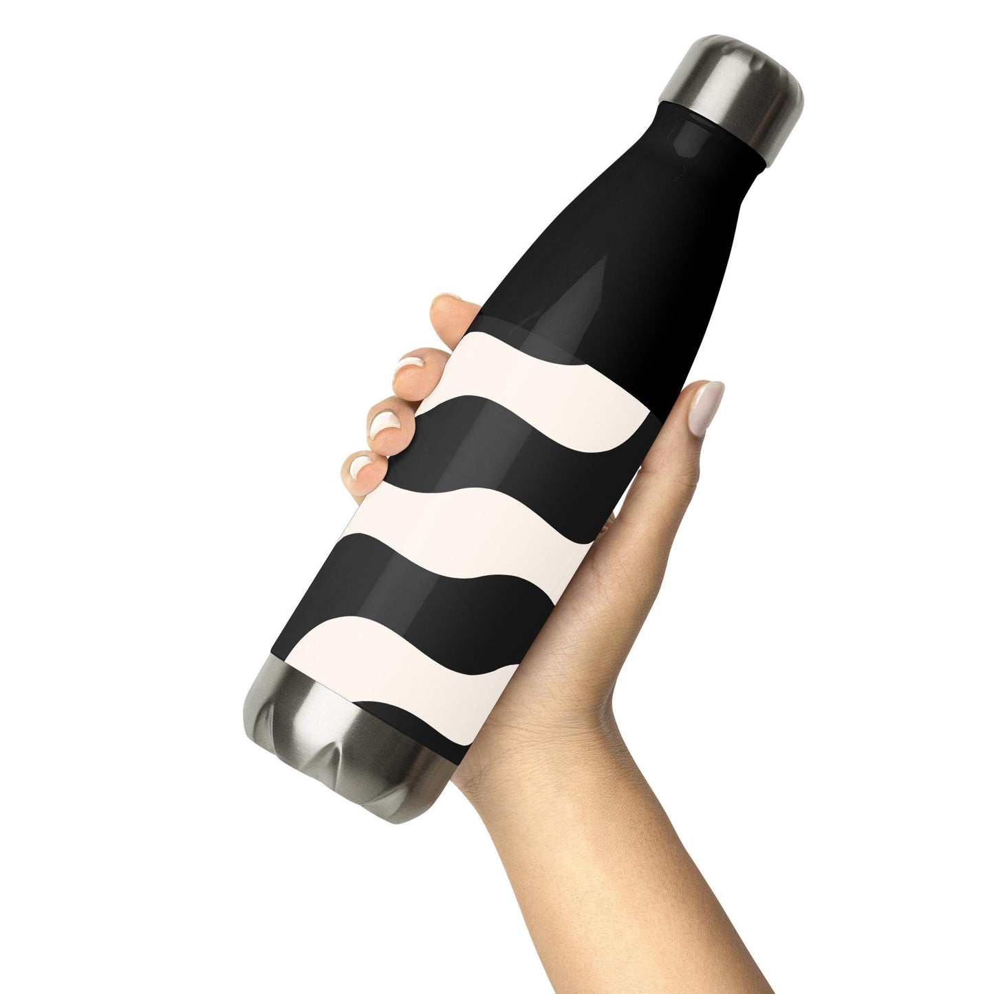 Bouteille en acier inoxydable  – vue de profil, prise en main - beige et noir - ondes - graphique  minimaliste