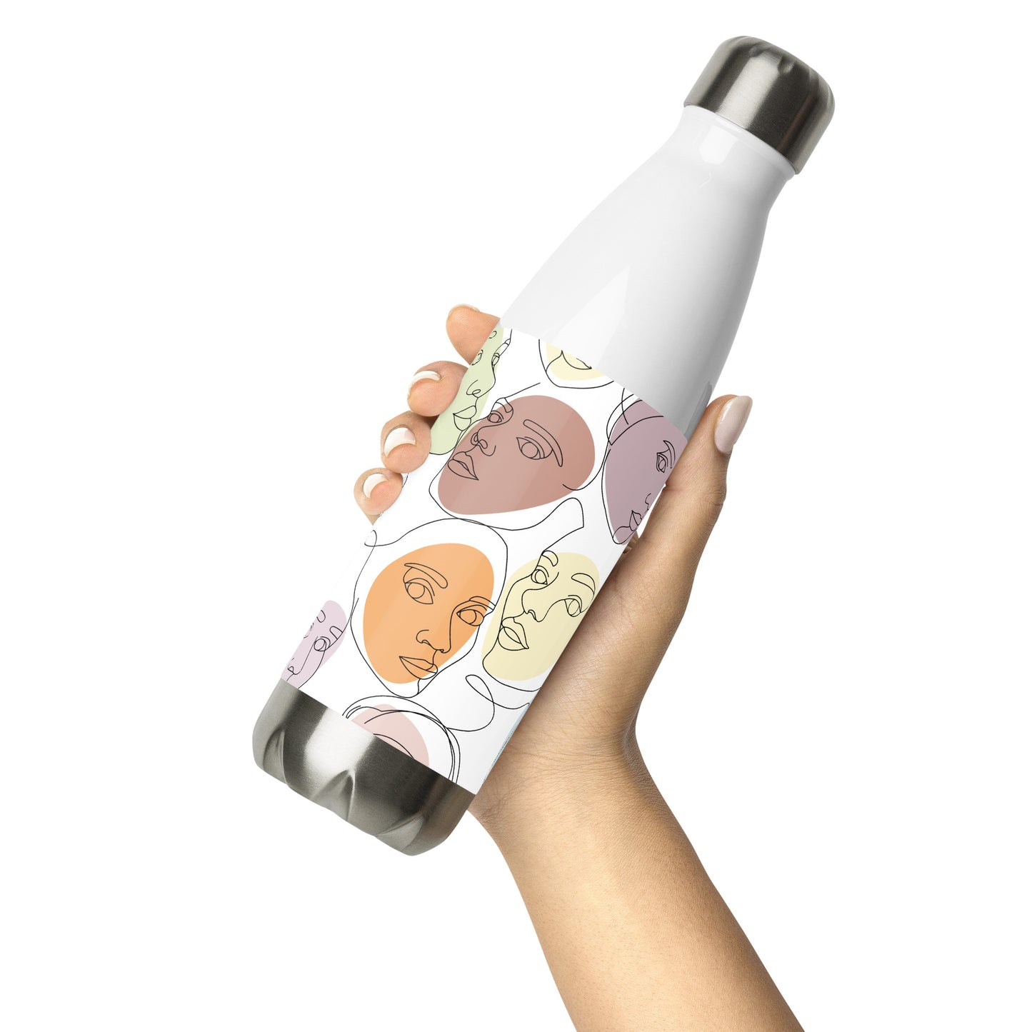 Bouteille en acier inoxydable – vue de profil, prise en main - calligraphie visages feminins