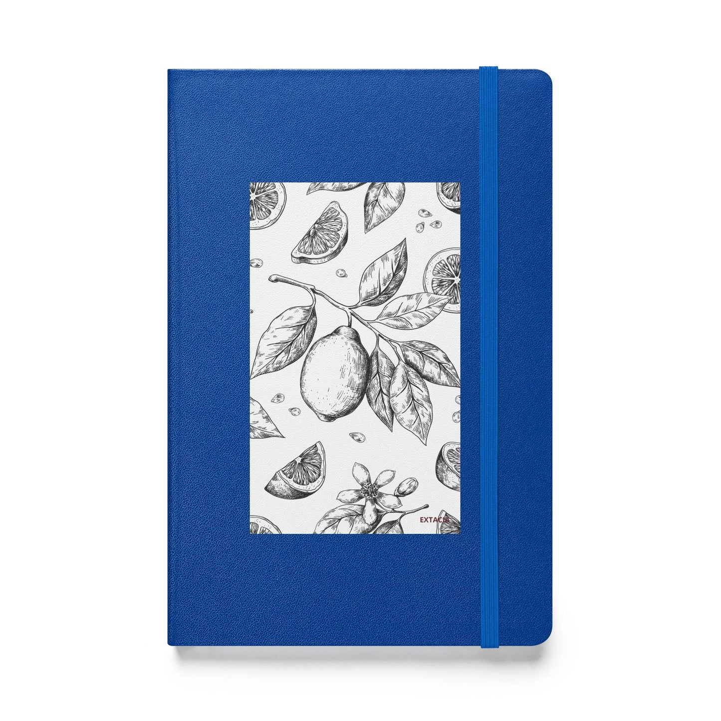 Carnet à couverture rigide vue de face, design minimal - A5 – bleu - citronnier noir & blanc