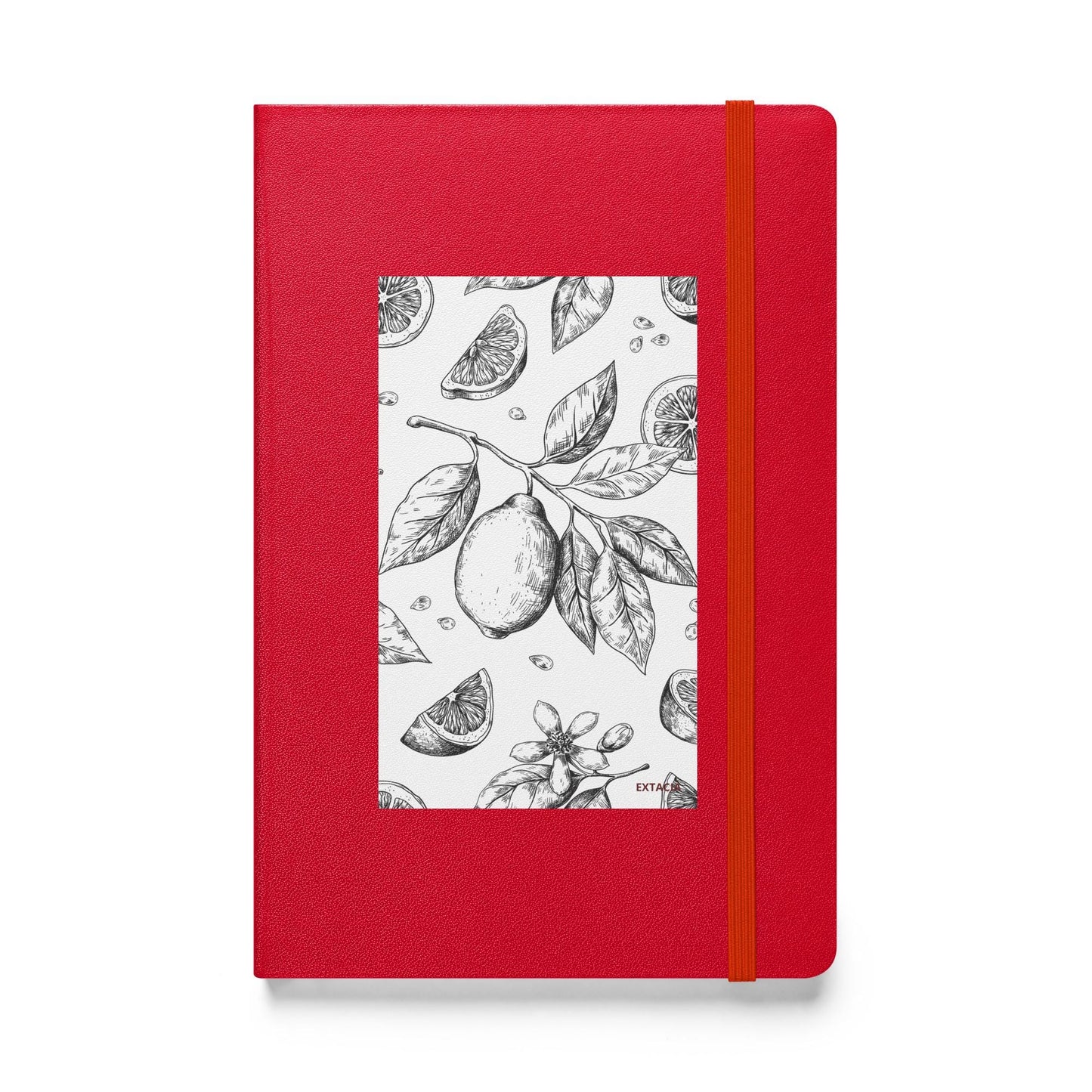 Carnet à couverture rigide vue de face, design minimal - A5 – rouge - citronnier noir & blanc