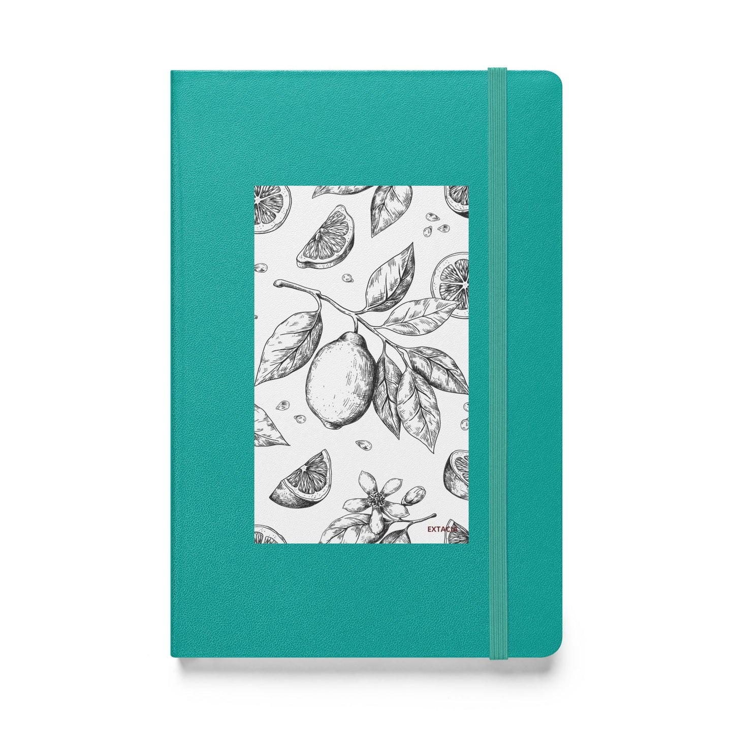Carnet à couverture rigide vue de face, design minimal - A5 – turquoise - citronnier noir & blanc
