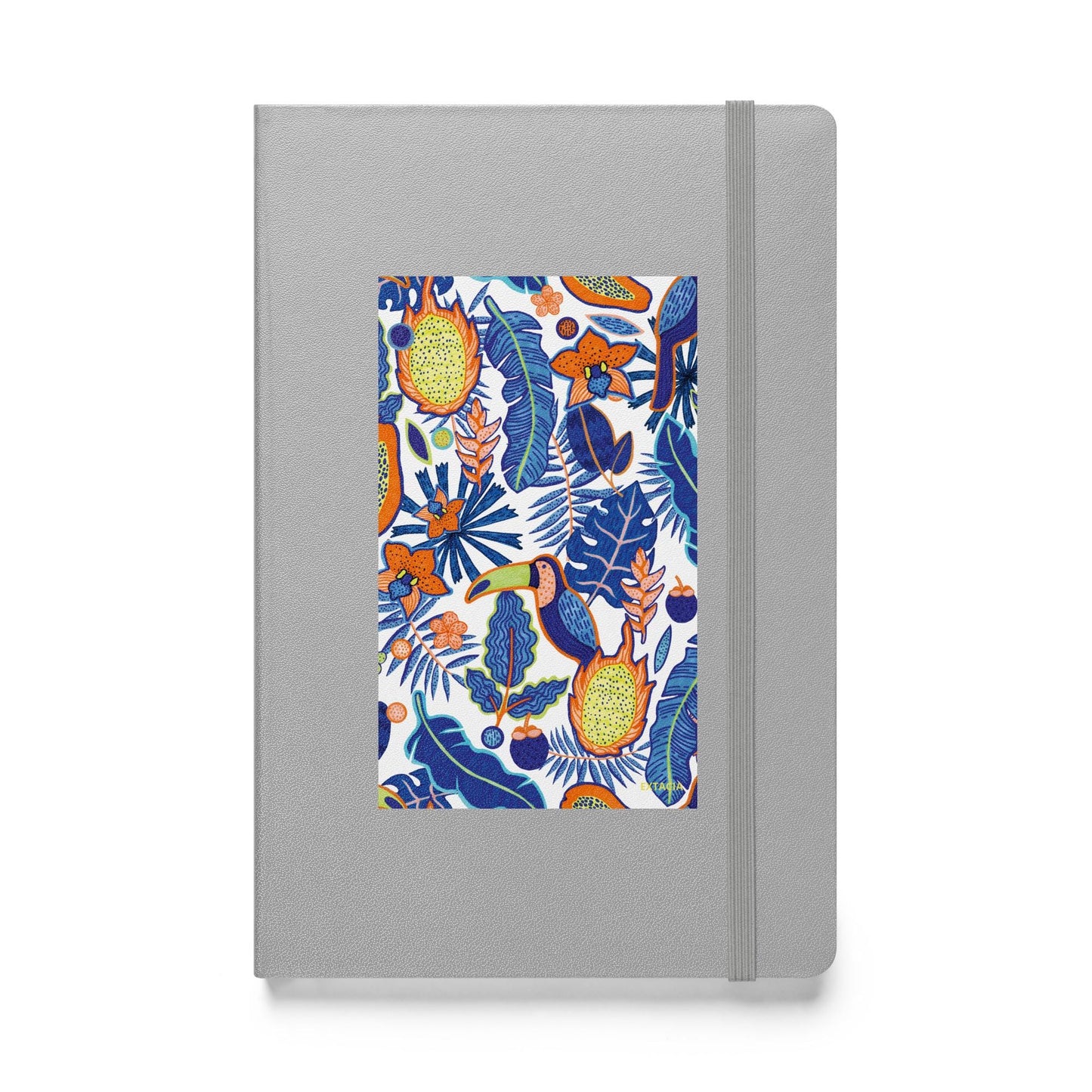 Carnet à couverture rigide vue de face, design minimal - argent - A5 – Faune tropicale bleu - plante