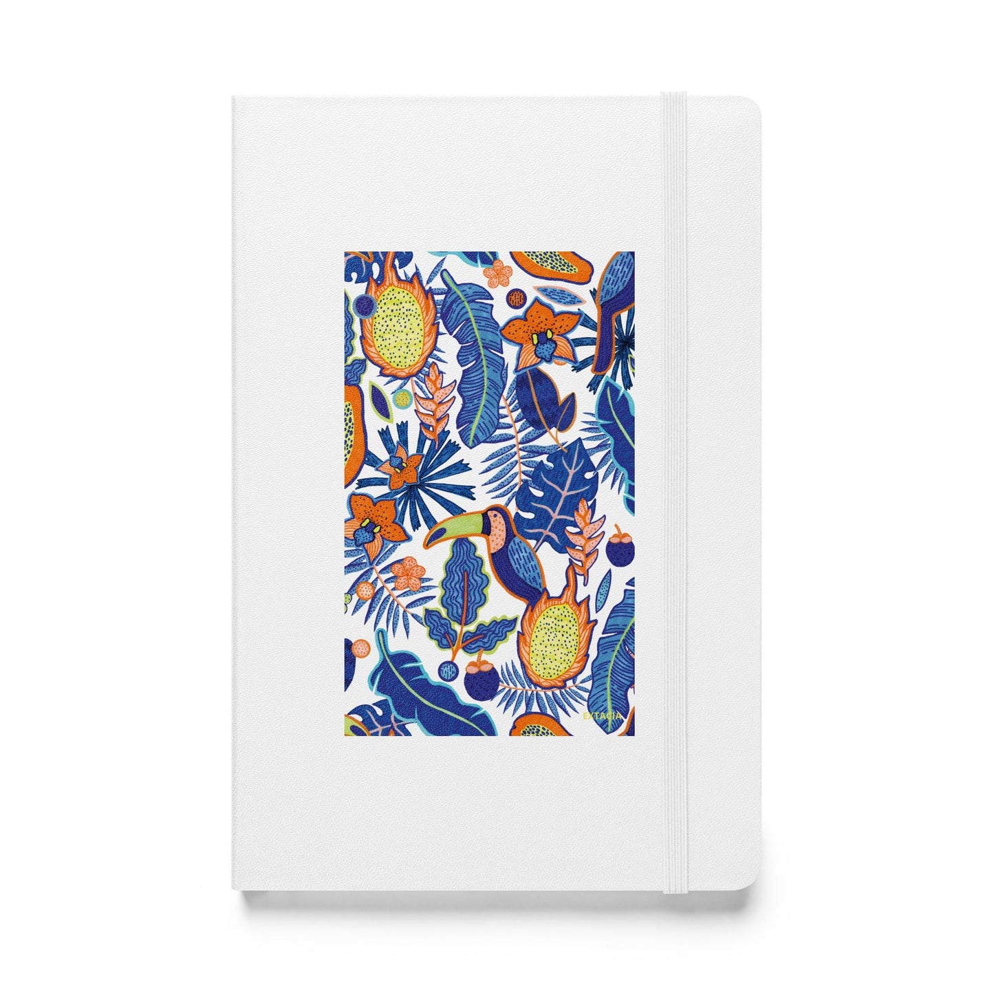 Carnet à couverture rigide vue de face, design minimal - blanc - A5 – Faune tropicale bleu - plante