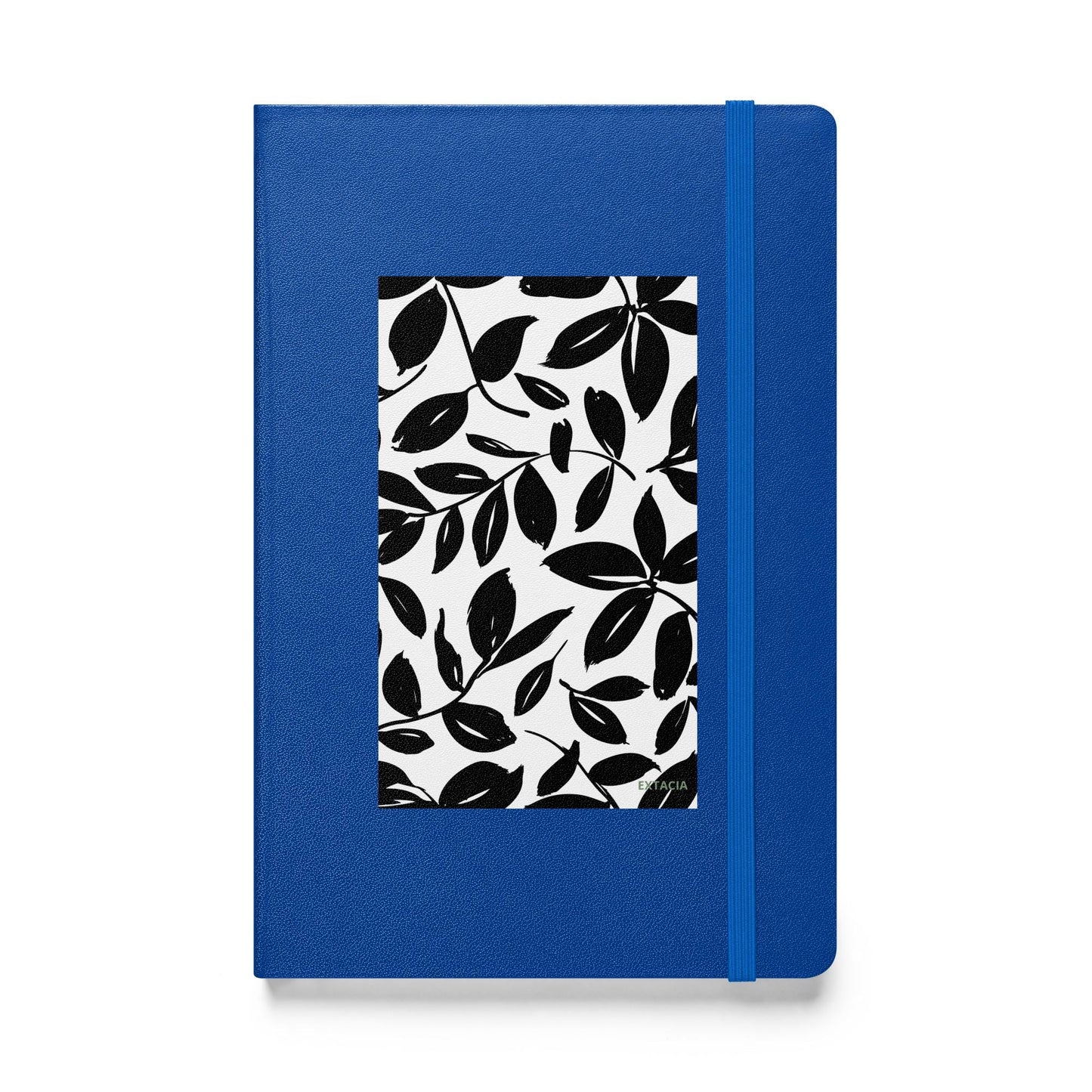 Carnet à couverture rigide vue de face, design minimal - bleu - A5 – jardin blanc et noir
