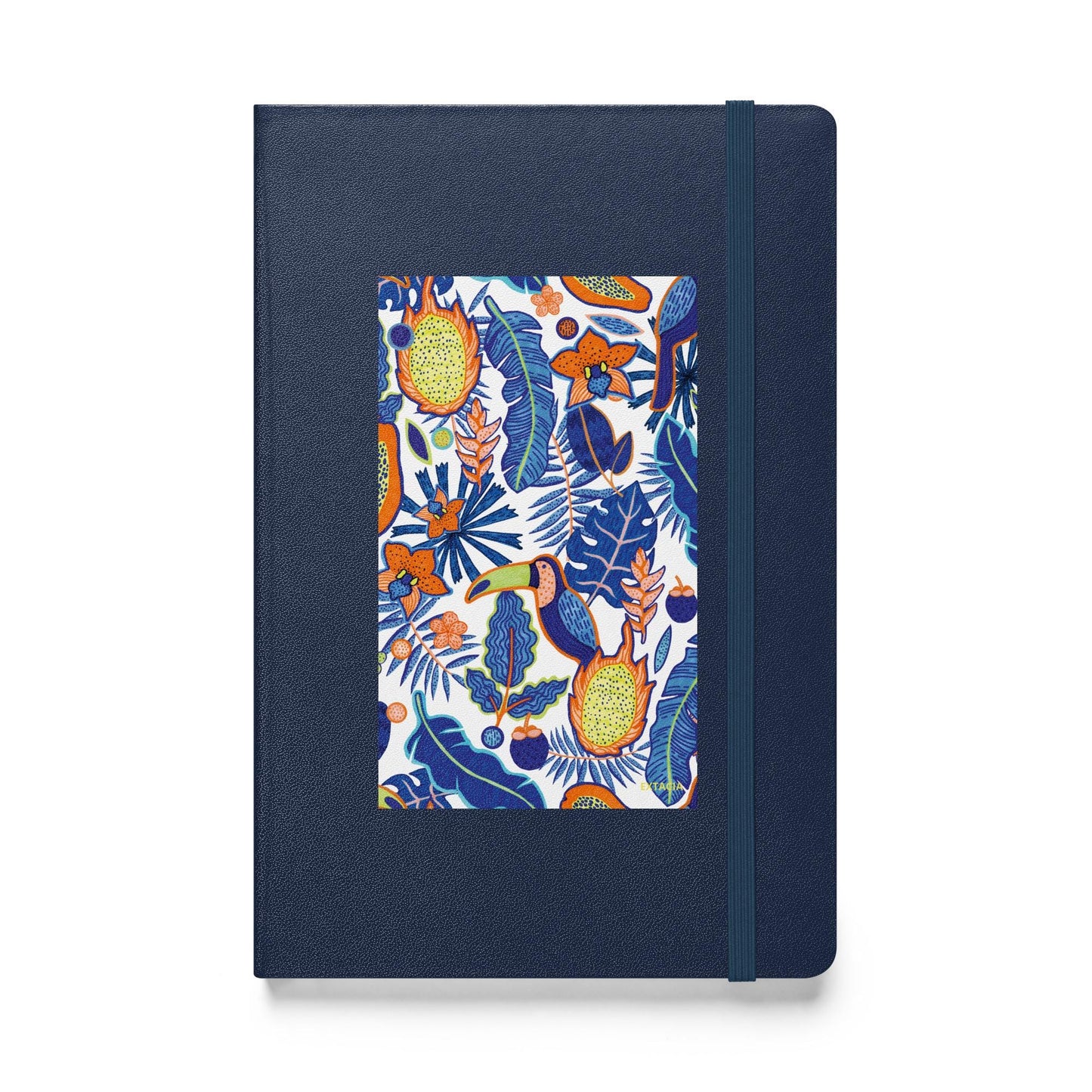 Carnet à couverture rigide vue de face, design minimal - bleu marine - A5 – Faune tropicale bleu - plante