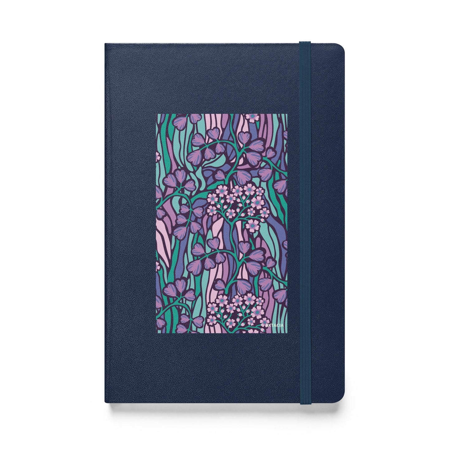 Carnet à couverture rigide vue de face, design minimal - bleu marine - A5 – jardin coloré