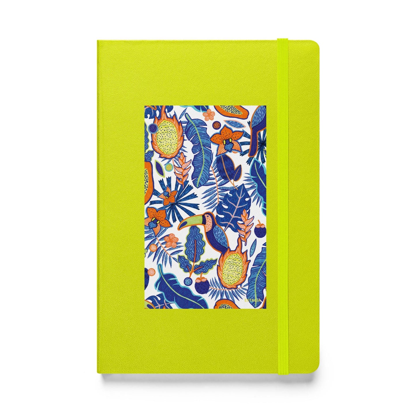 Carnet à couverture rigide vue de face, design minimal - citron - A5 – Faune tropicale bleu - plante