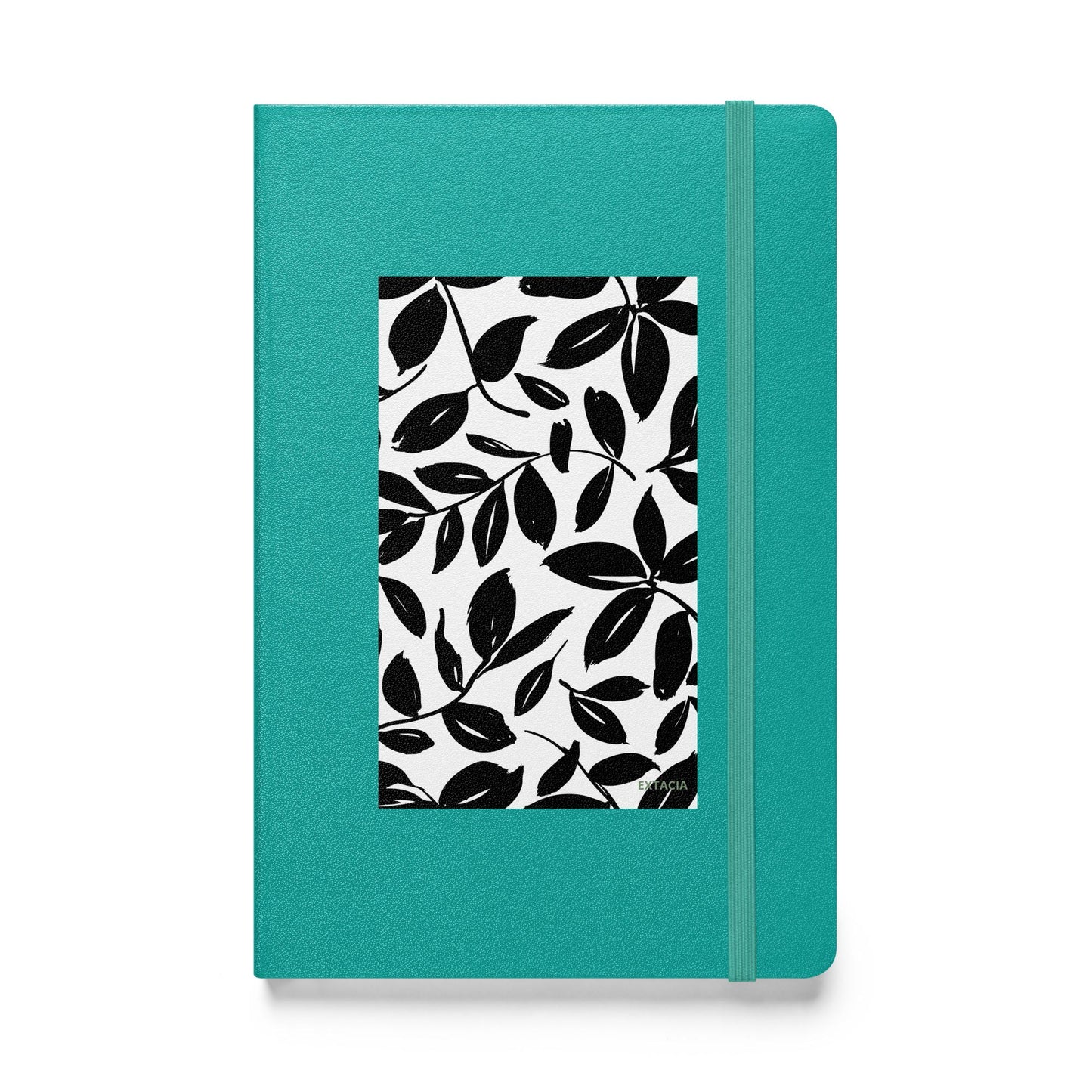 Carnet à couverture rigide vue de face, design minimal - turquoise - A5 – jardin blanc et noir