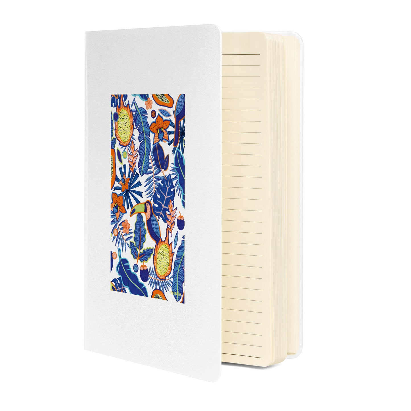 Carnet  – vue de 3/4, tranche et reliure durable - blanc - A5 – Faune tropicale bleu 