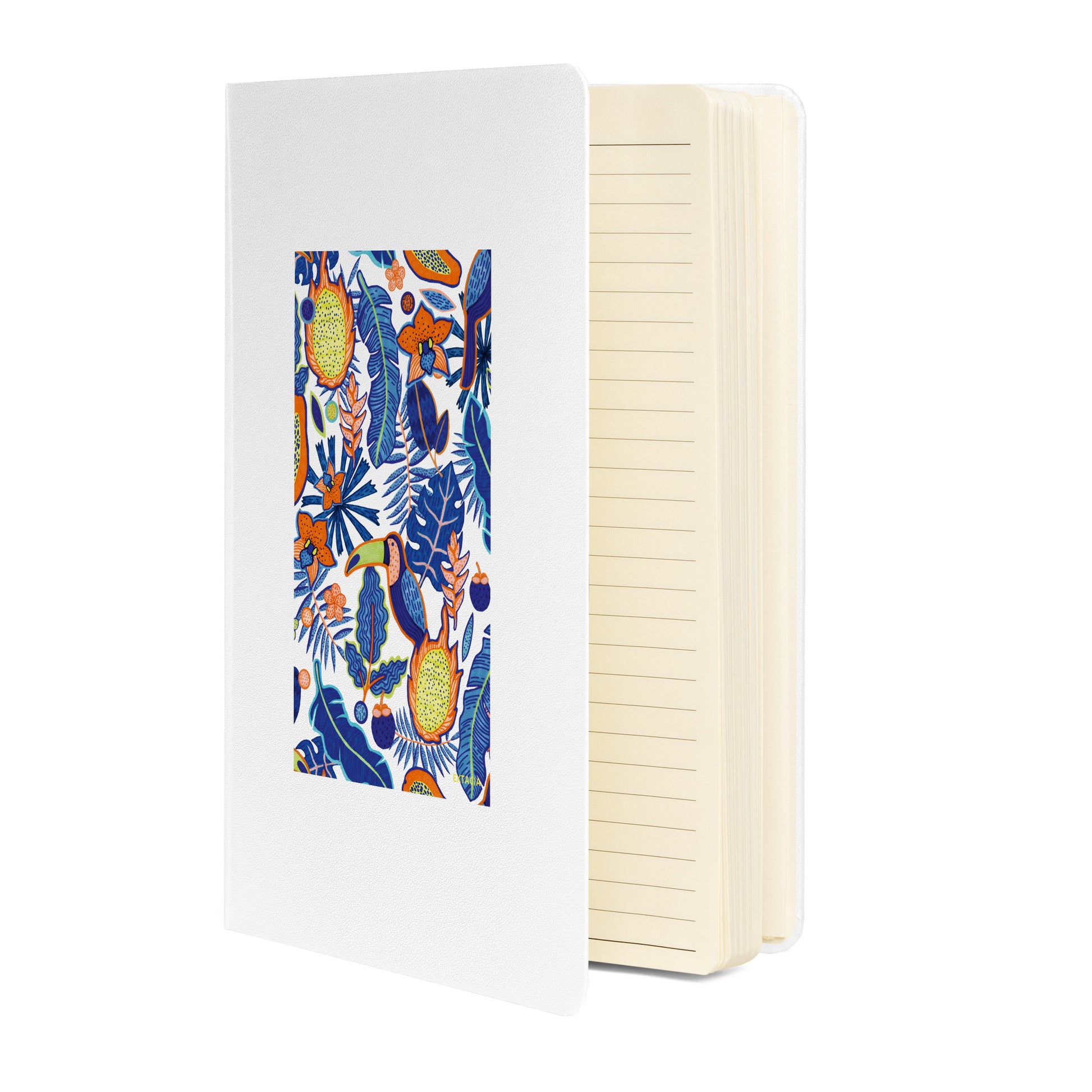 Carnet  – vue de 3/4, tranche et reliure durable - blanc - A5 – Faune tropicale bleu 